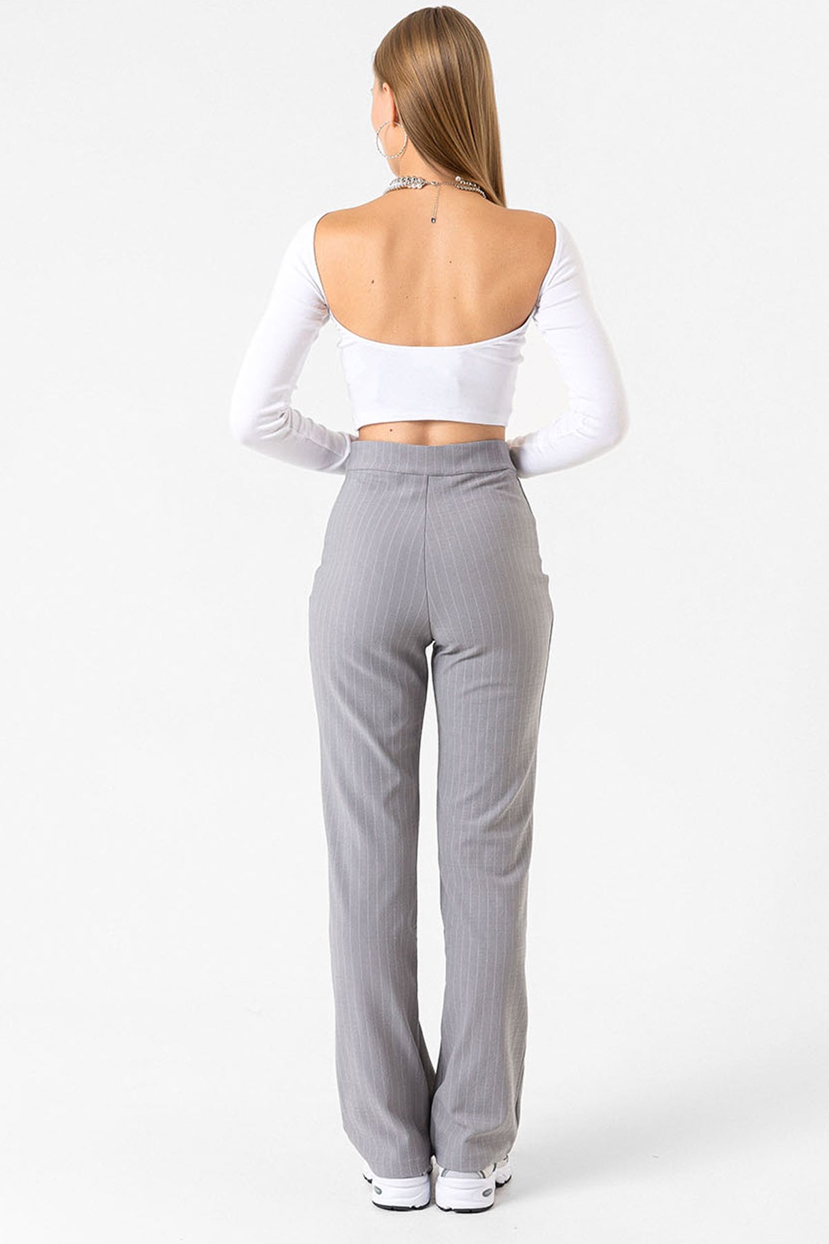 Pin Stripe city pantolon ince çizgili nervür detaylı fermuarlı örme kadın pantolon