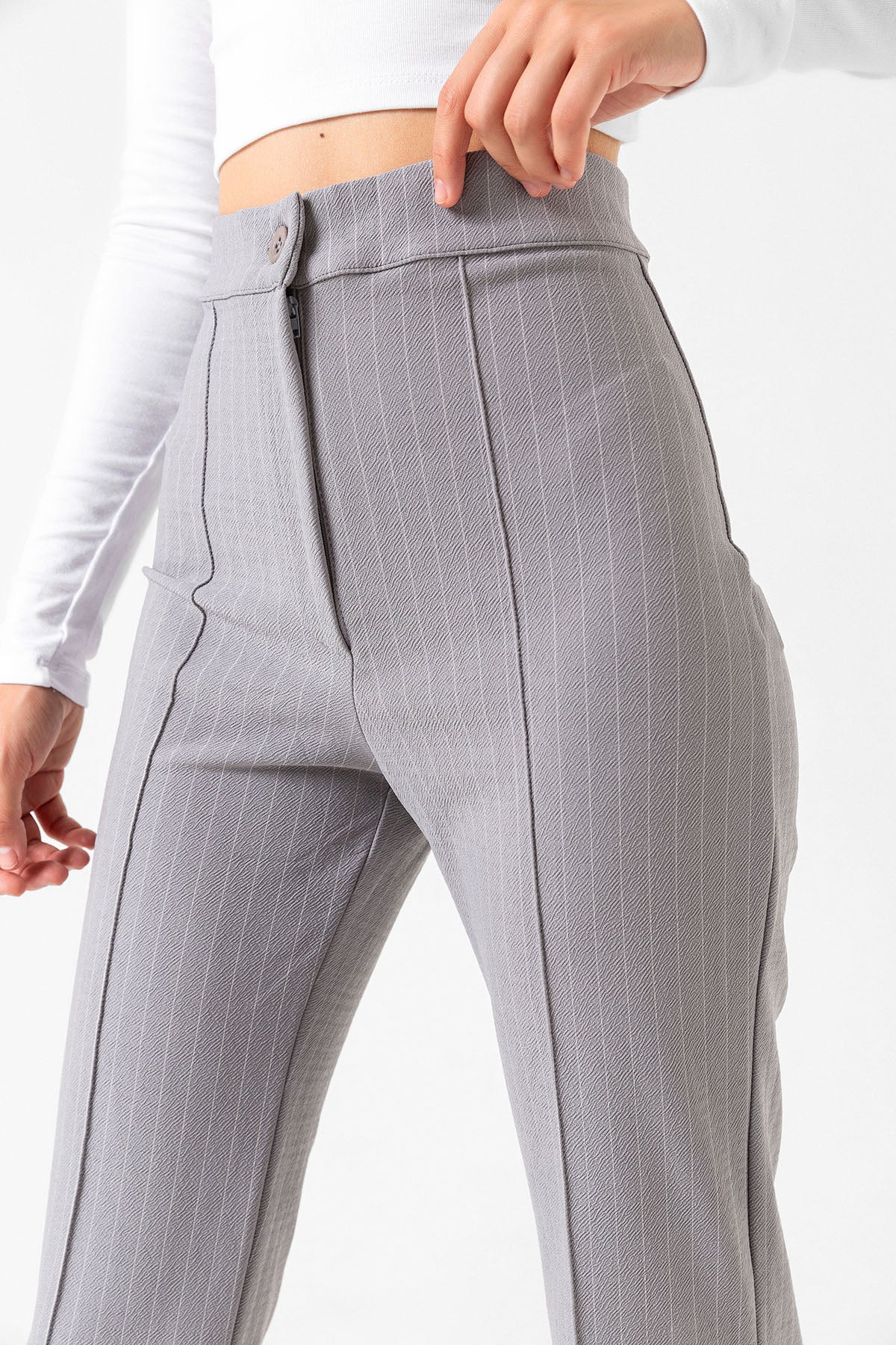 Pin Stripe city pantolon ince çizgili nervür detaylı fermuarlı örme kadın pantolon