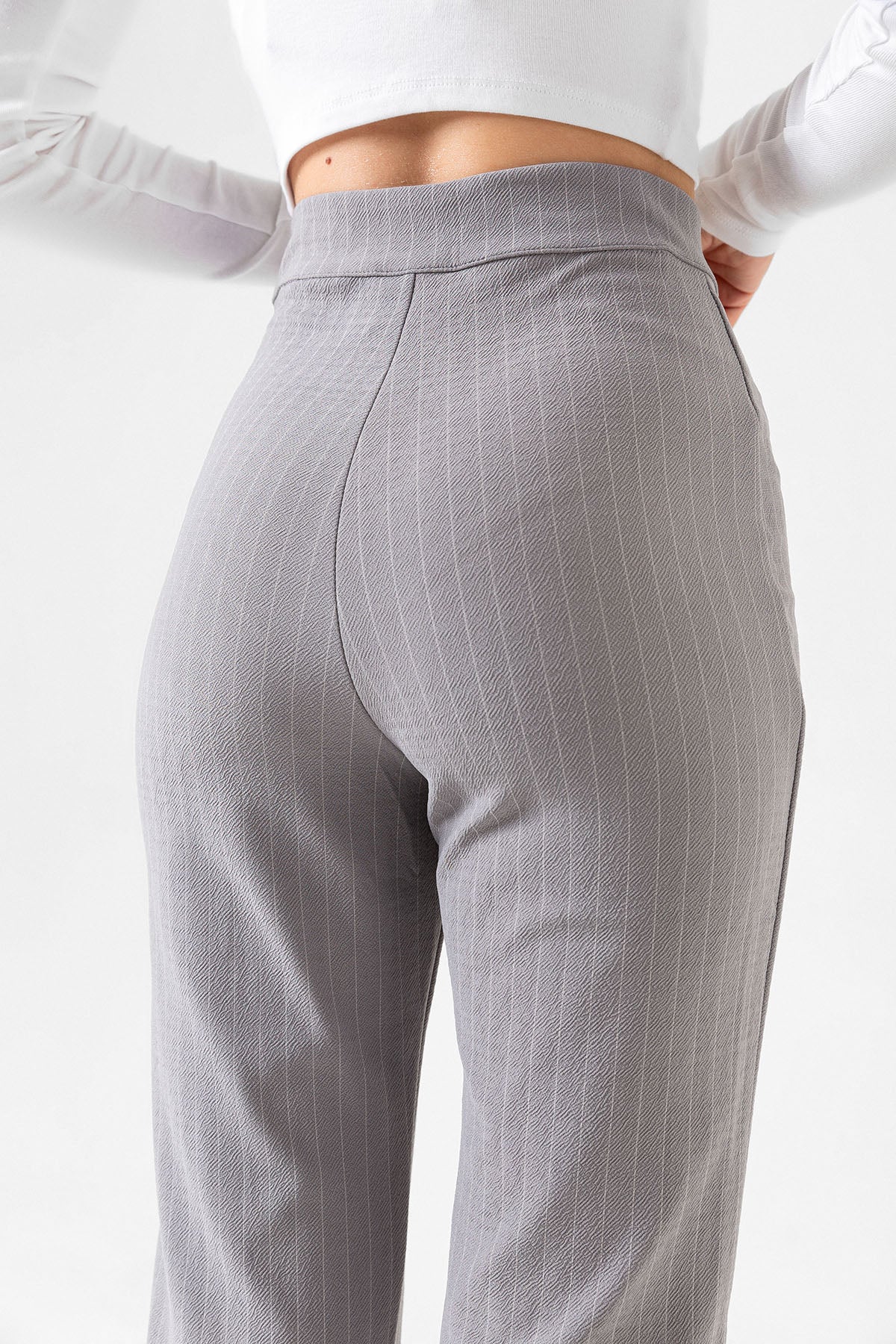 Pin Stripe city pantolon ince çizgili nervür detaylı fermuarlı örme kadın pantolon