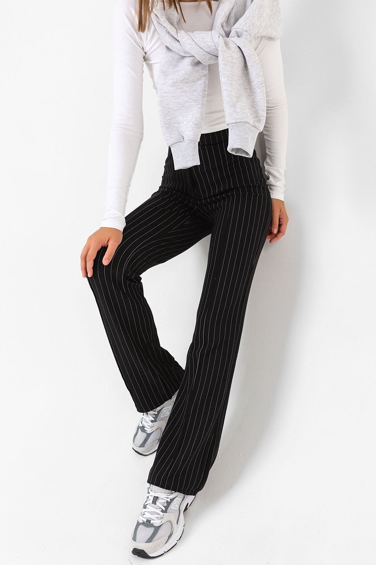 Pin Stripe city pantolon ince çizgili nervür detaylı fermuarlı örme kadın pantolon