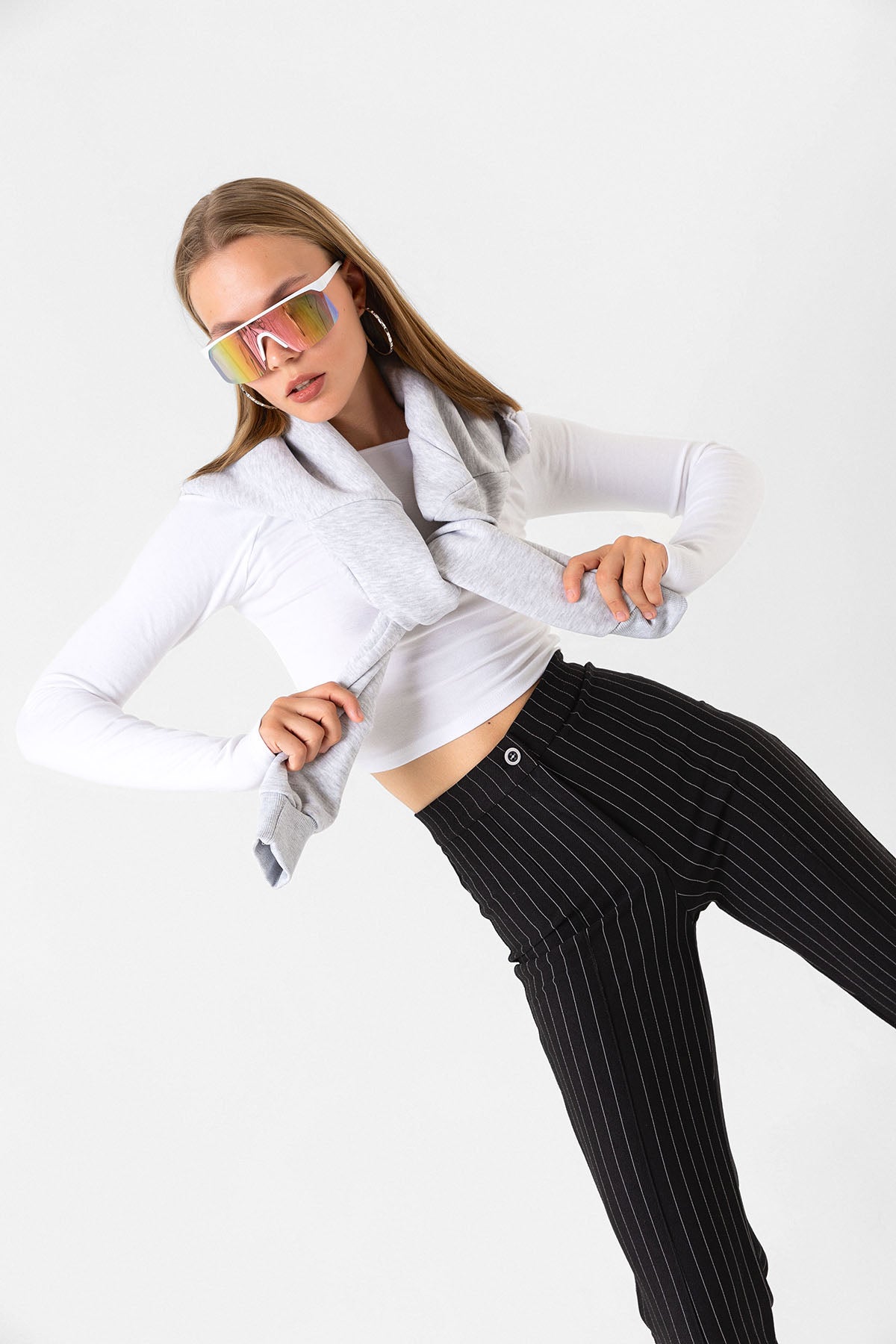 Pin Stripe city pantolon ince çizgili nervür detaylı fermuarlı örme kadın pantolon