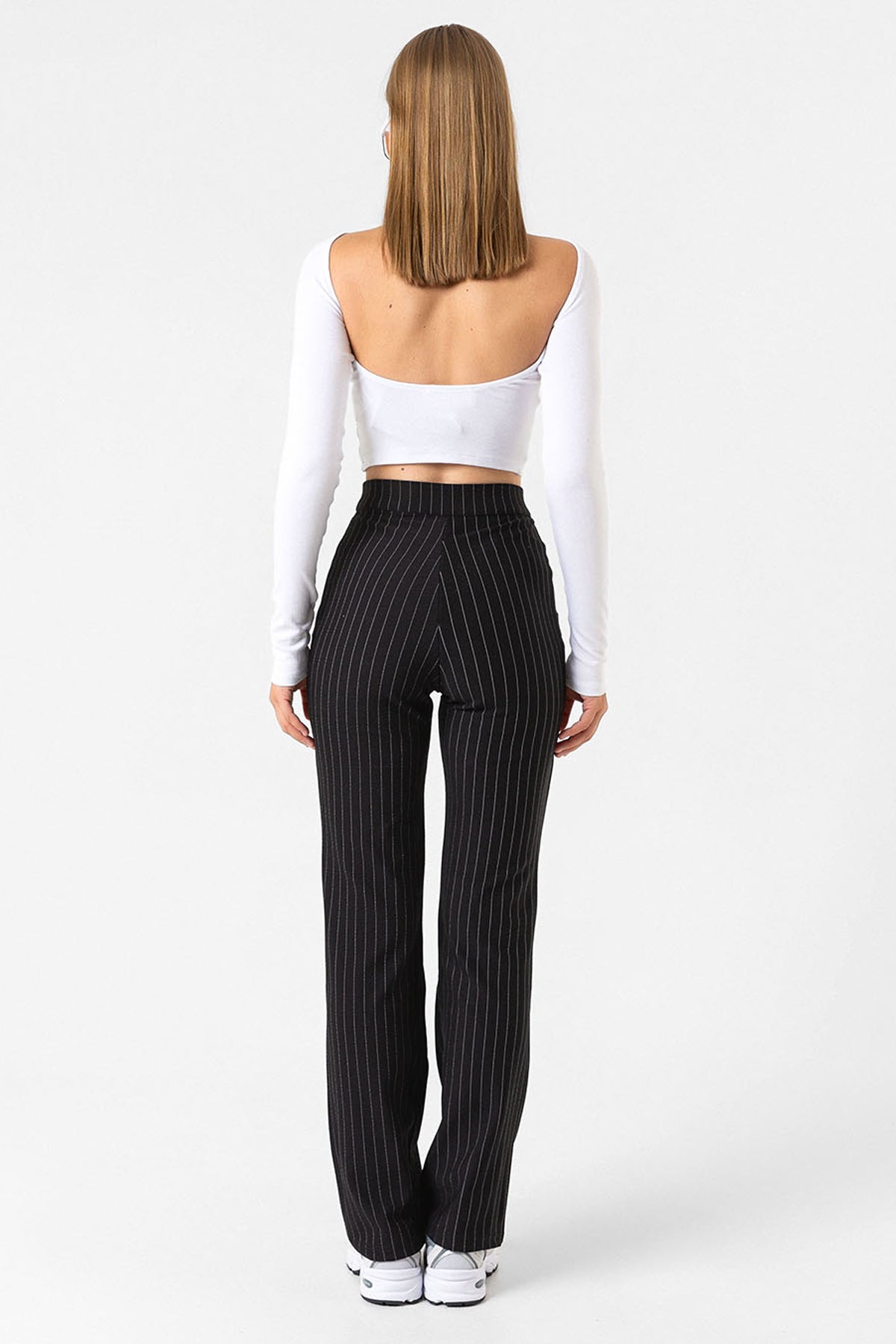 Pin Stripe city pantolon ince çizgili nervür detaylı fermuarlı örme kadın pantolon