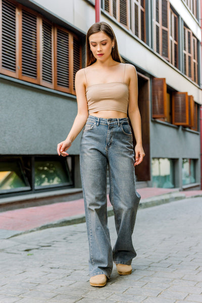 üksek Bel, Esnek Denim Kumaş Geniş Paça Palazzo Kadın Kot Jean Pantolon @Cesena Maule