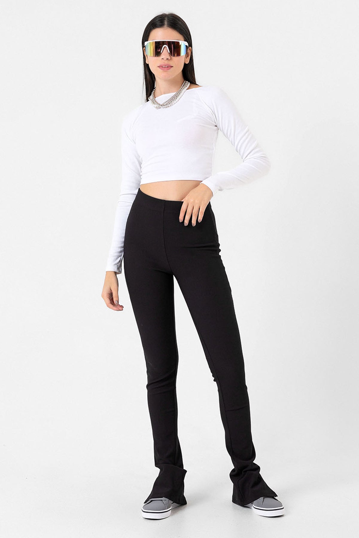yandan yırtmaçlı yüksek bel Fitilli ottoman pantolon kadın fit and flare tayt