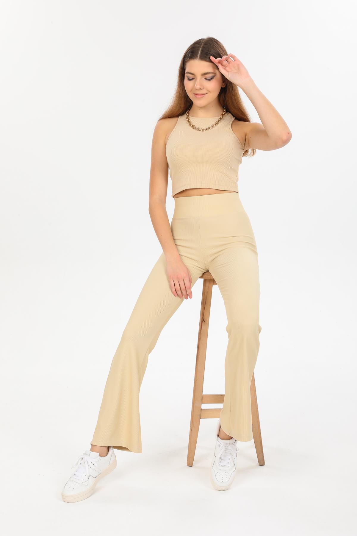 Yüksek Bel, Fitilli, Toparlayıcı Kaşkorse ispanyol fit and flare Örme Tayt