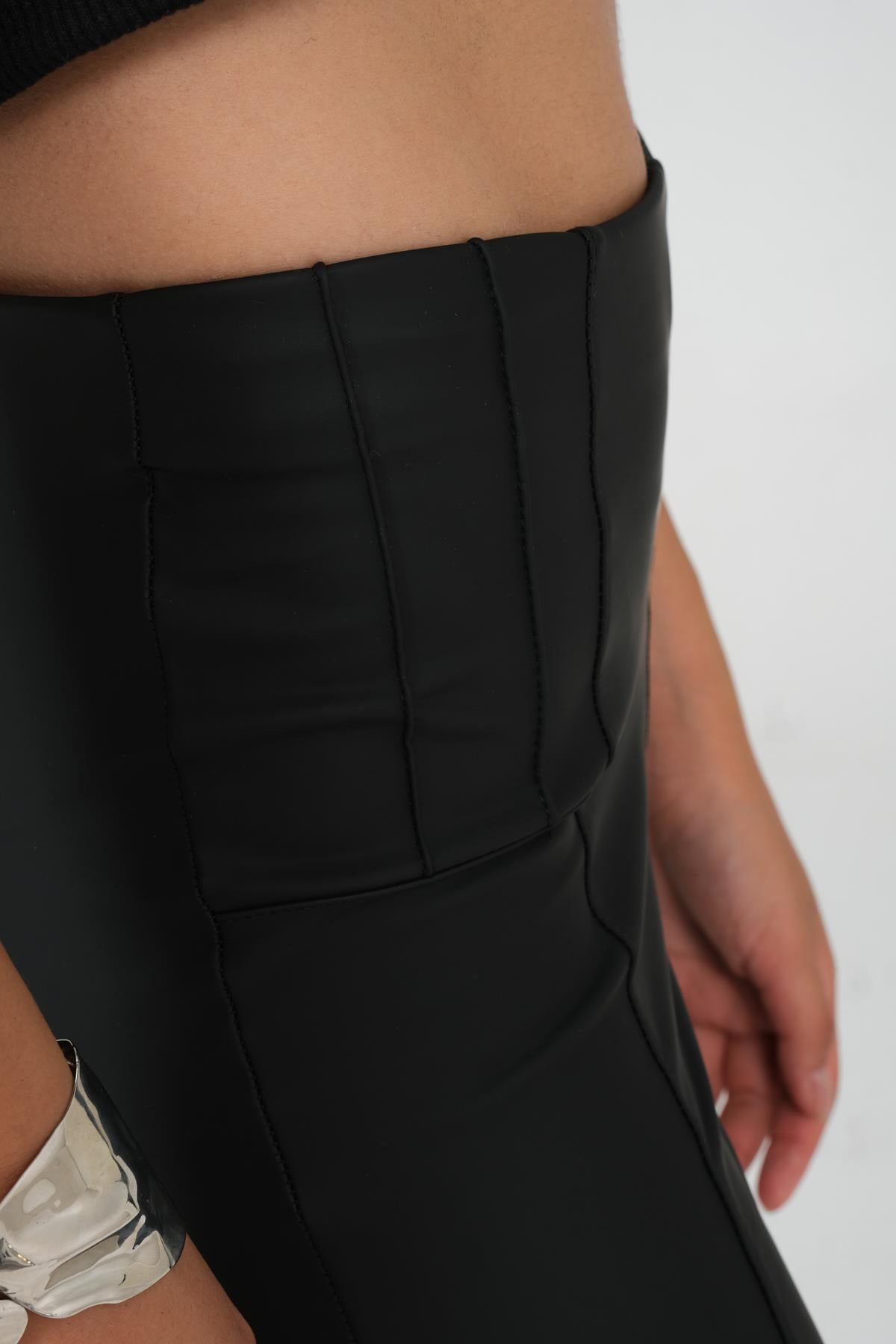 High waist, thinner, firming nervide detailed artificial leather female leggings