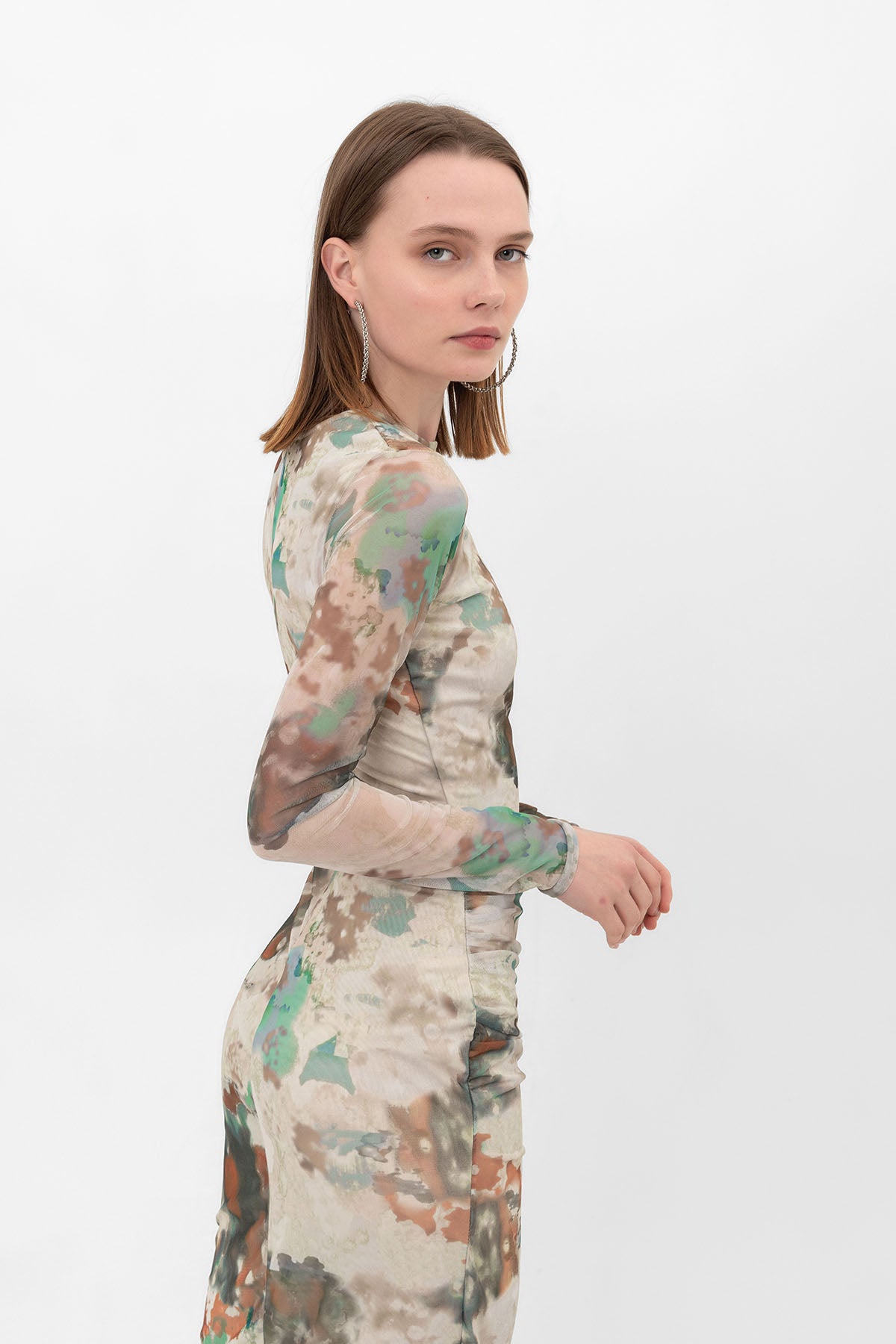 Astarlı Bodycon Baskılı Tül Dar Maksi Elbise
