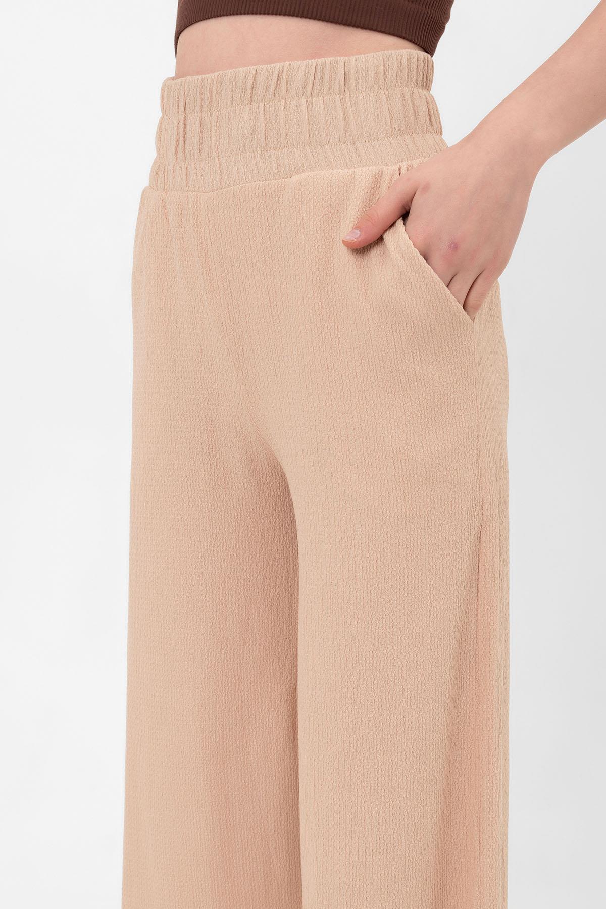 Beli Lastikli Bol Paça Çift Cepli Bürümcük Kadın Palazzo Pantolon