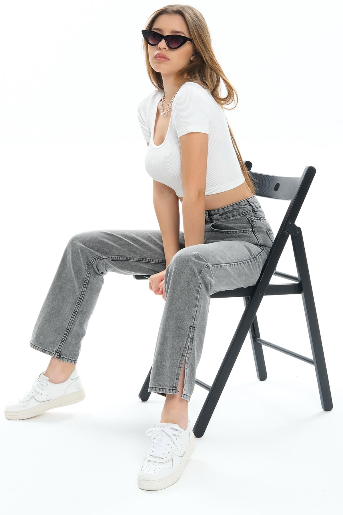 Beş cep Yüksek Bel Paçası Yırtmaçlı Mom Fit Jeans Kot Kadın Pantolon
