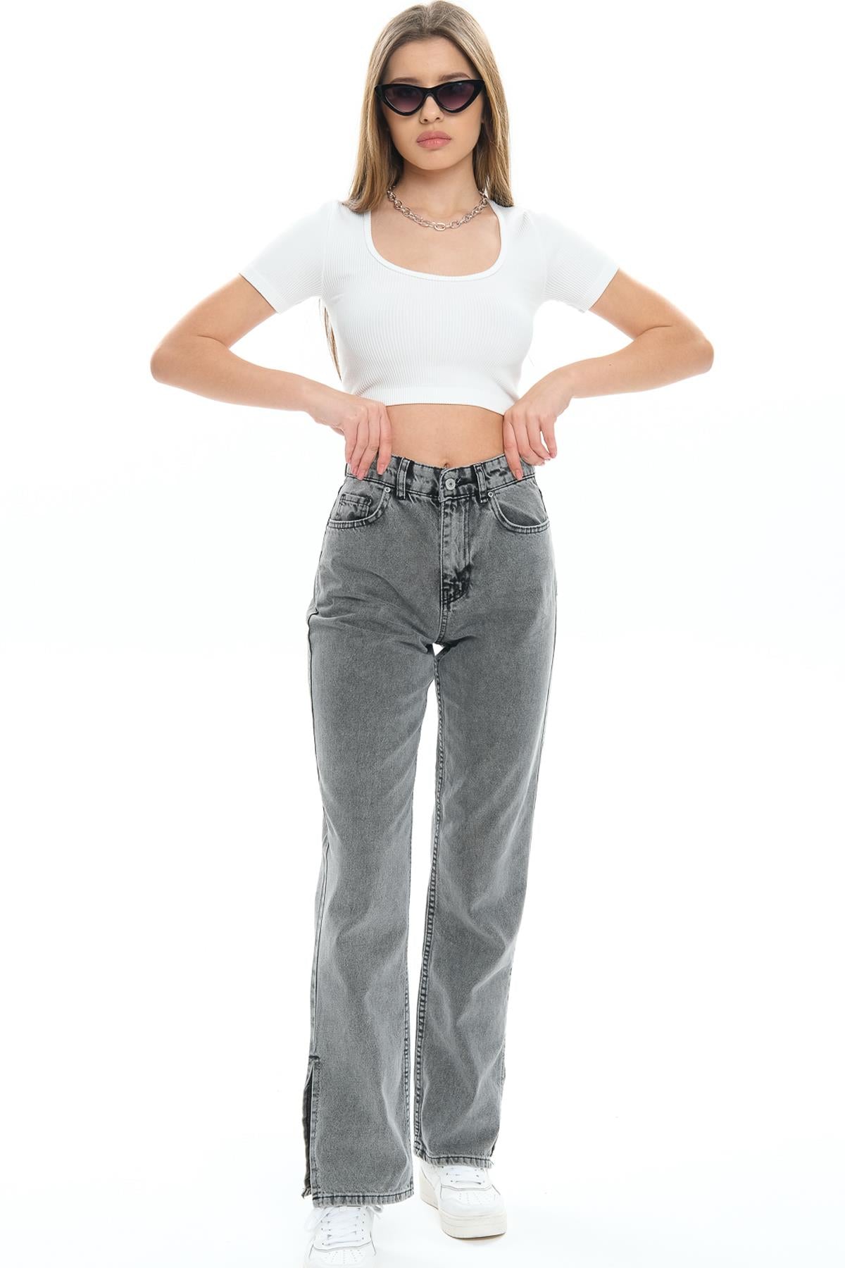 Beş cep Yüksek Bel Paçası Yırtmaçlı Mom Fit Jeans Kot Kadın Pantolon