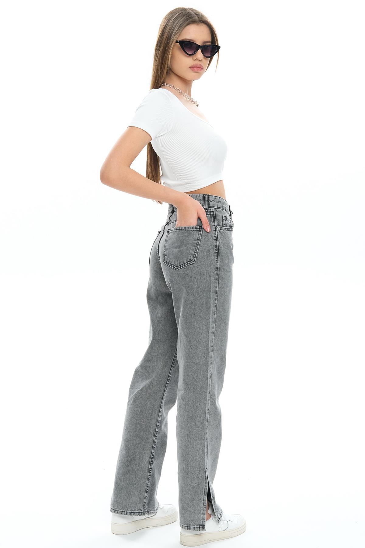 Beş cep Yüksek Bel Paçası Yırtmaçlı Mom Fit Jeans Kot Kadın Pantolon