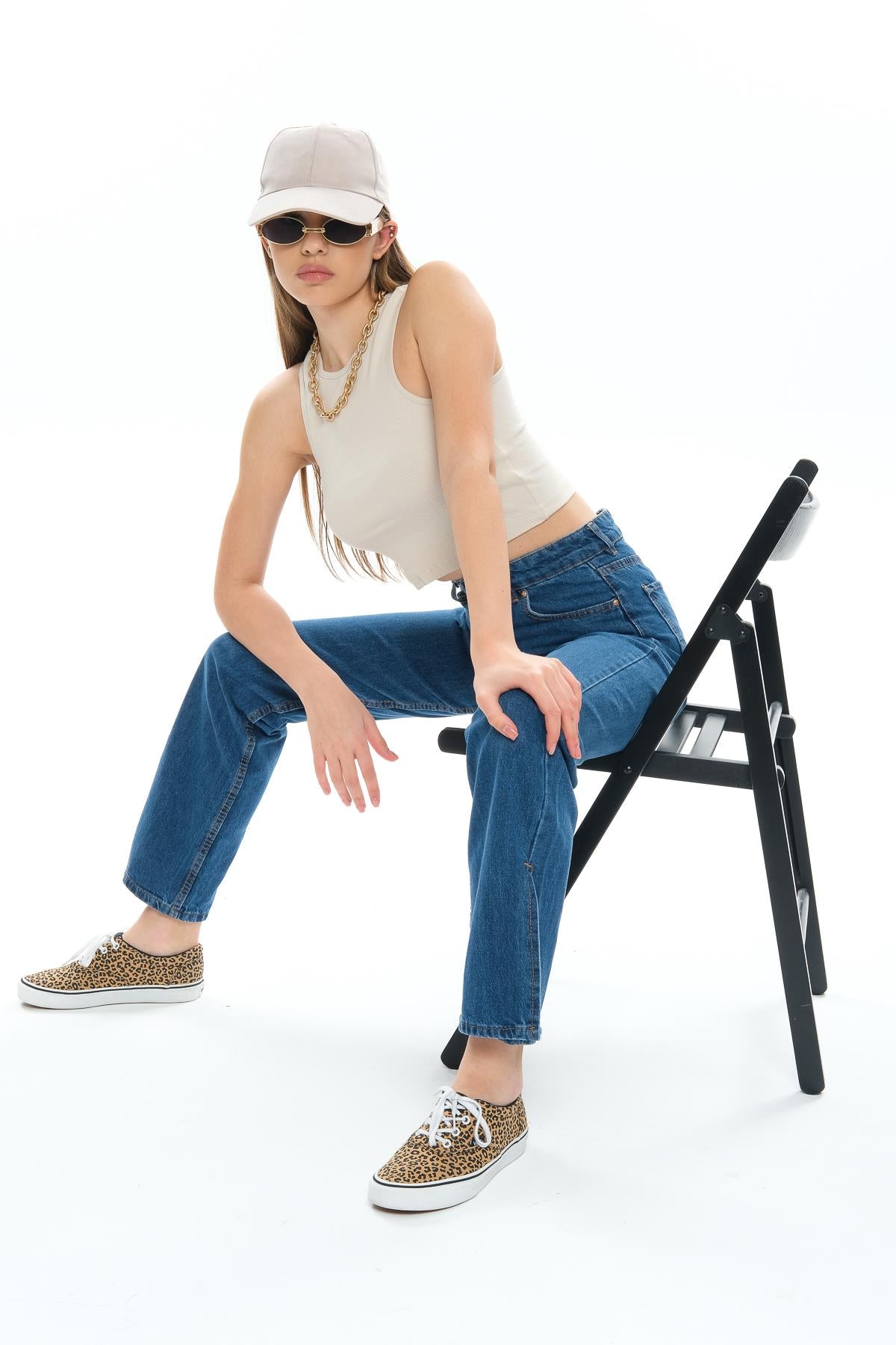 Beş cep Yüksek Bel Paçası Yırtmaçlı Mom Fit Jeans Kot Kadın Pantolon