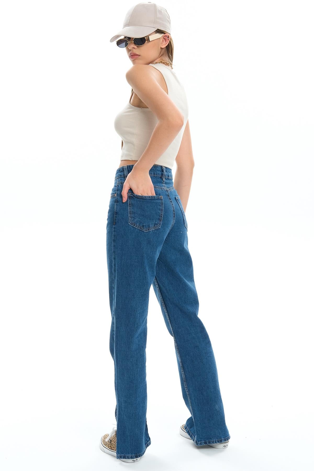 Beş cep Yüksek Bel Paçası Yırtmaçlı Mom Fit Jeans Kot Kadın Pantolon
