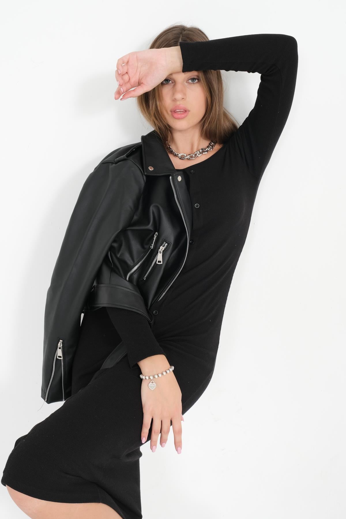 Button detailed bodycon women black knitwear dress