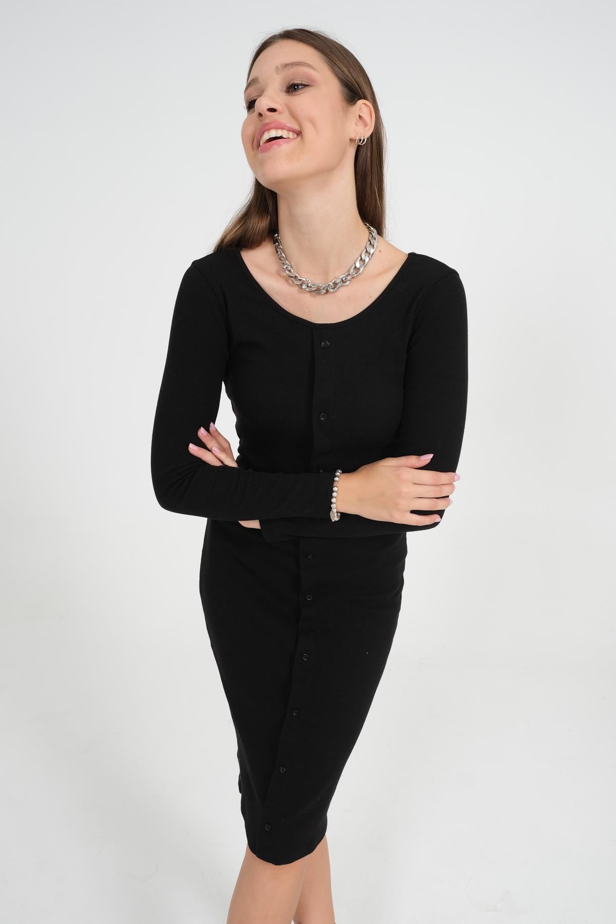 Button detailed bodycon women black knitwear dress