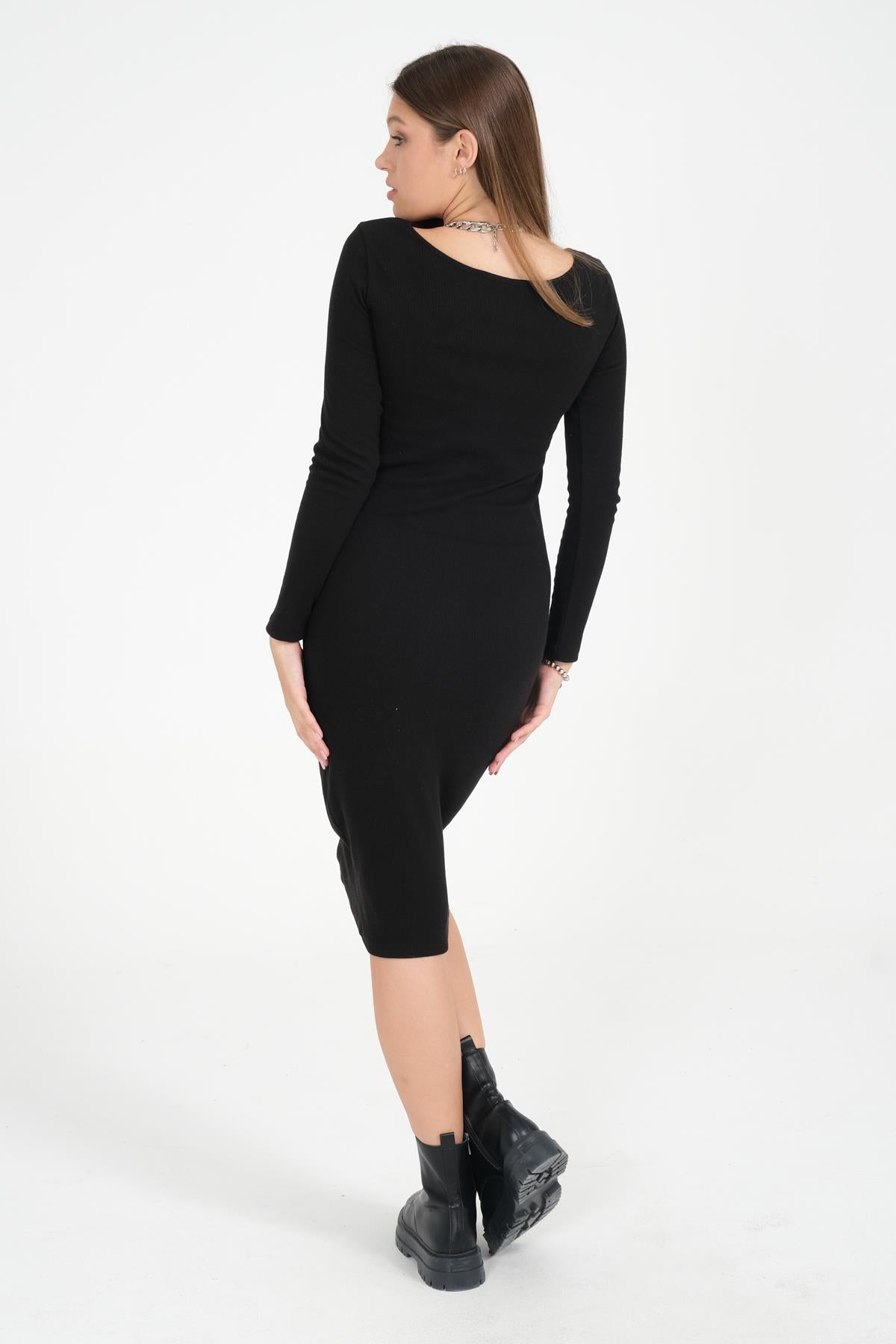 Button detailed bodycon women black knitwear dress