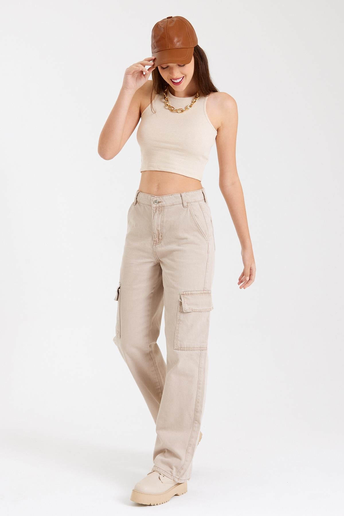 Large Paça High Waist Palazzo Cargo Women's Pants