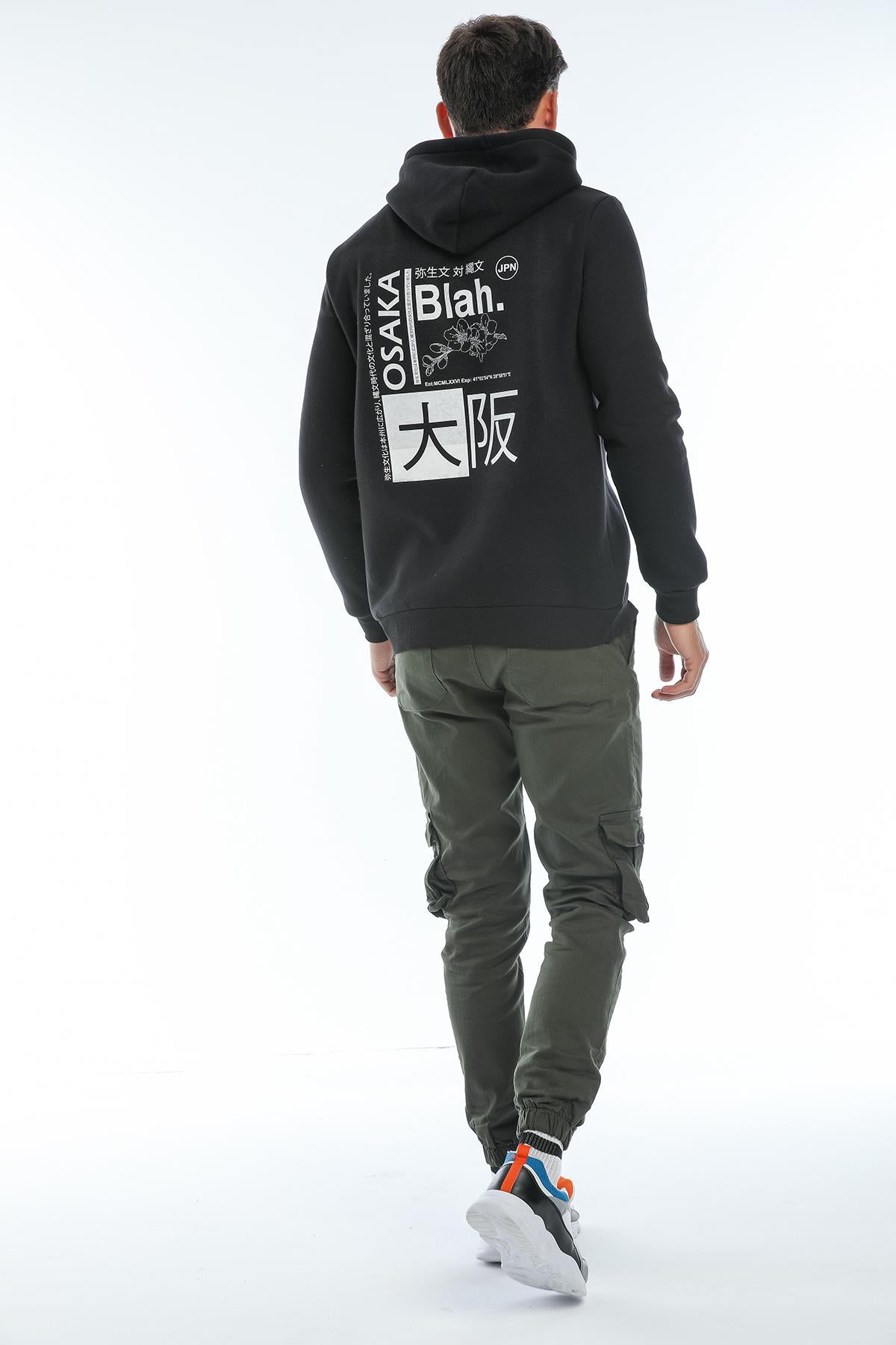 Kapüşonlu Arkası Baskılı Geniş Kesim Erkek İçi Polarlı Sweatshirt