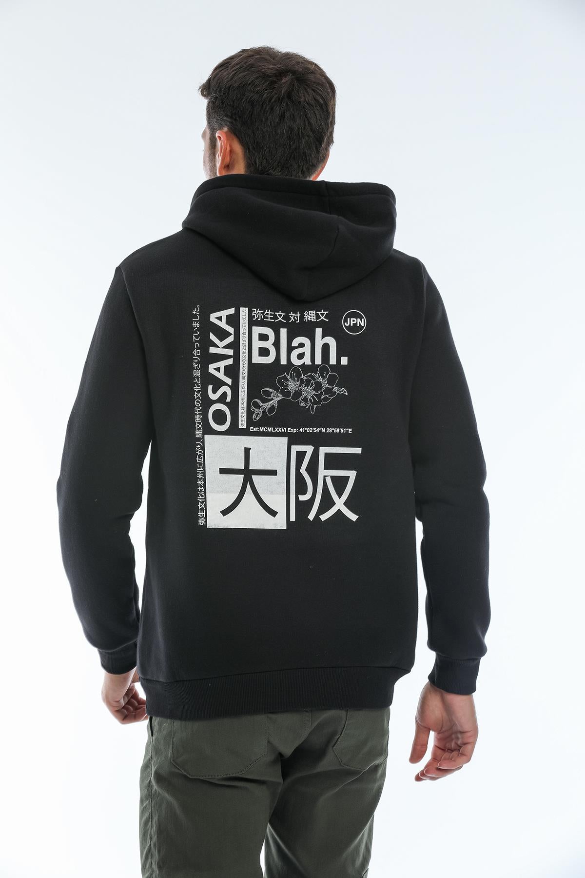 Kapüşonlu Arkası Baskılı Geniş Kesim Erkek İçi Polarlı Sweatshirt