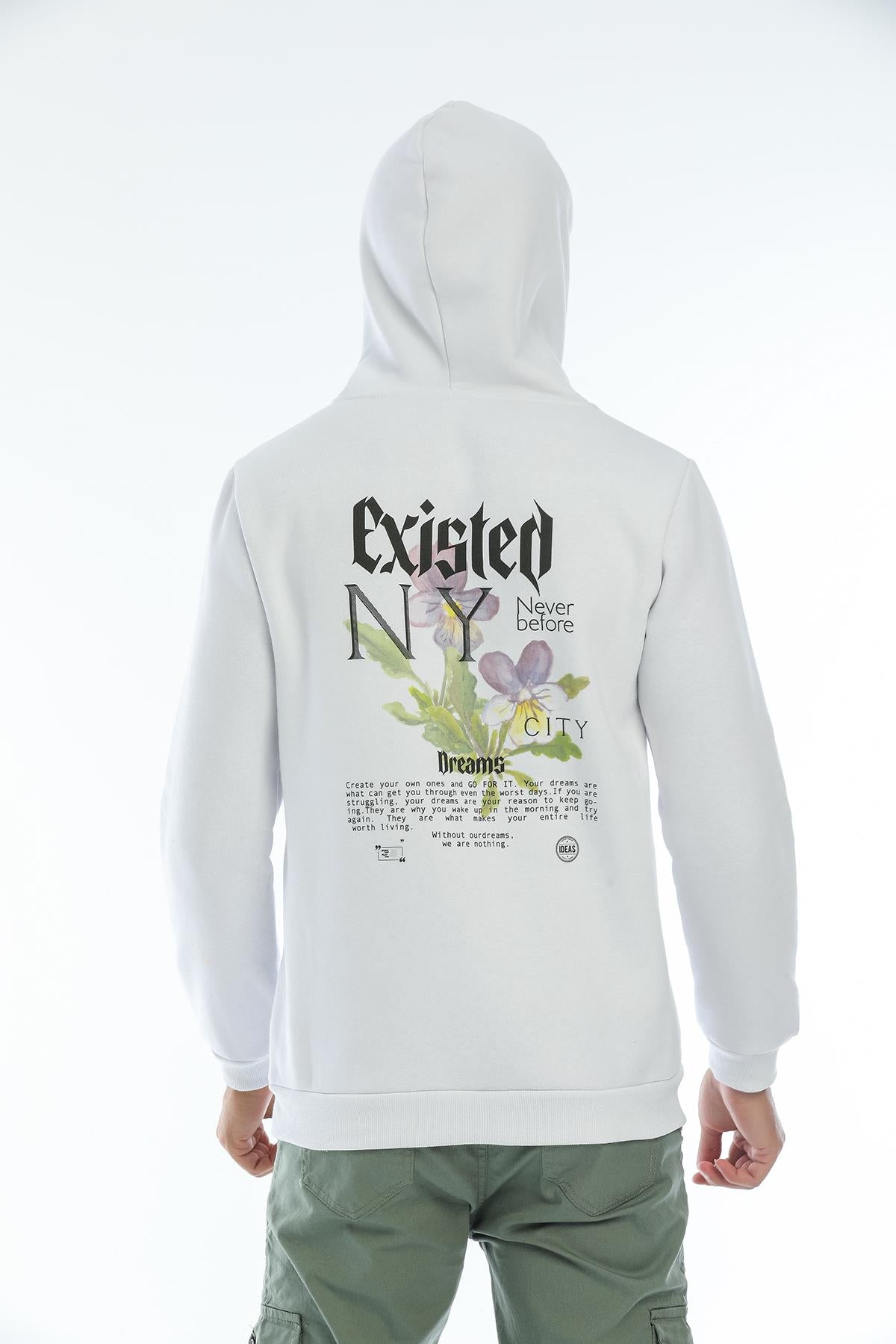 Kapüşonlu Arkası Baskılı Geniş Kesim Erkek İçi Polarlı Sweatshirt
