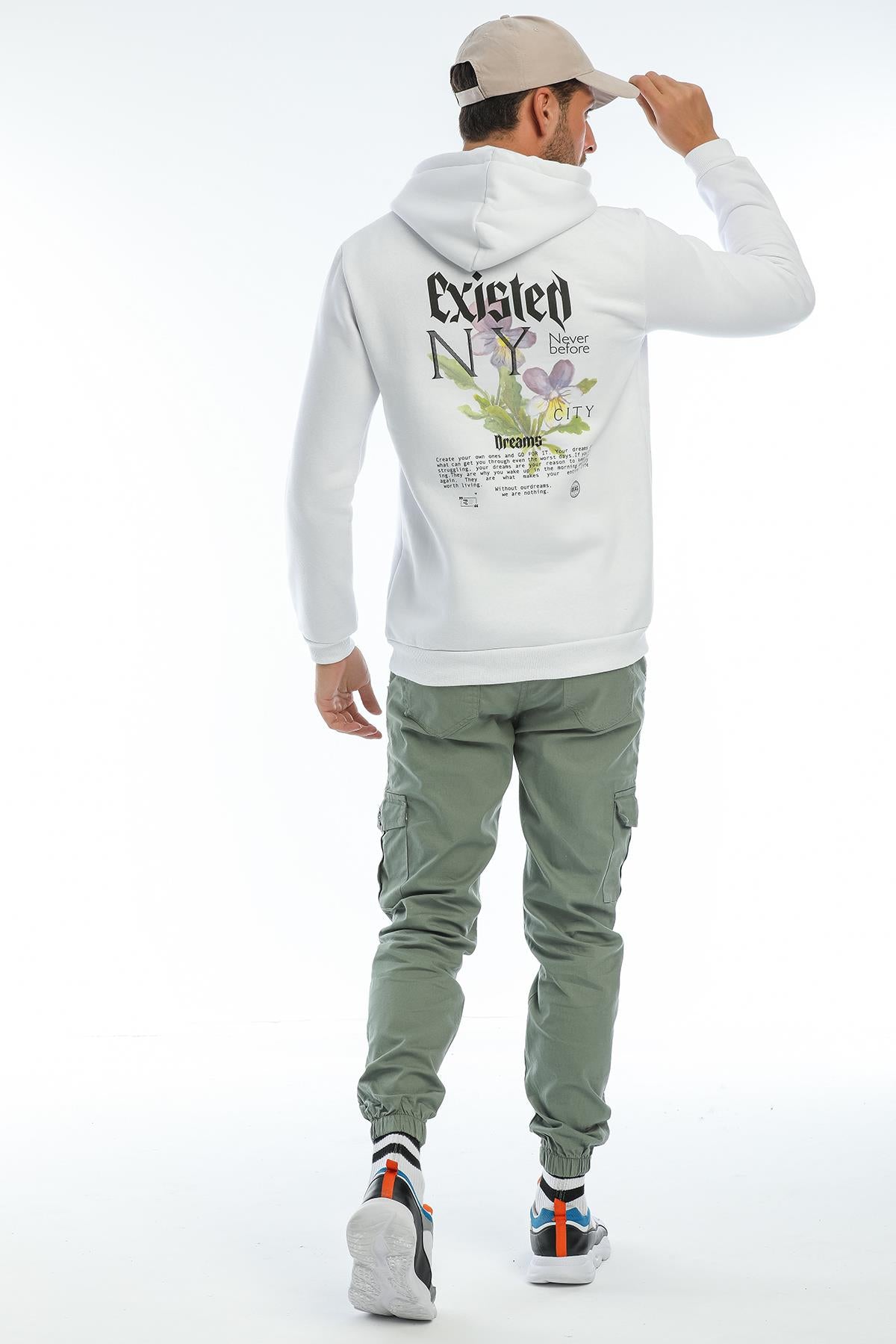 Kapüşonlu Arkası Baskılı Geniş Kesim Erkek İçi Polarlı Sweatshirt
