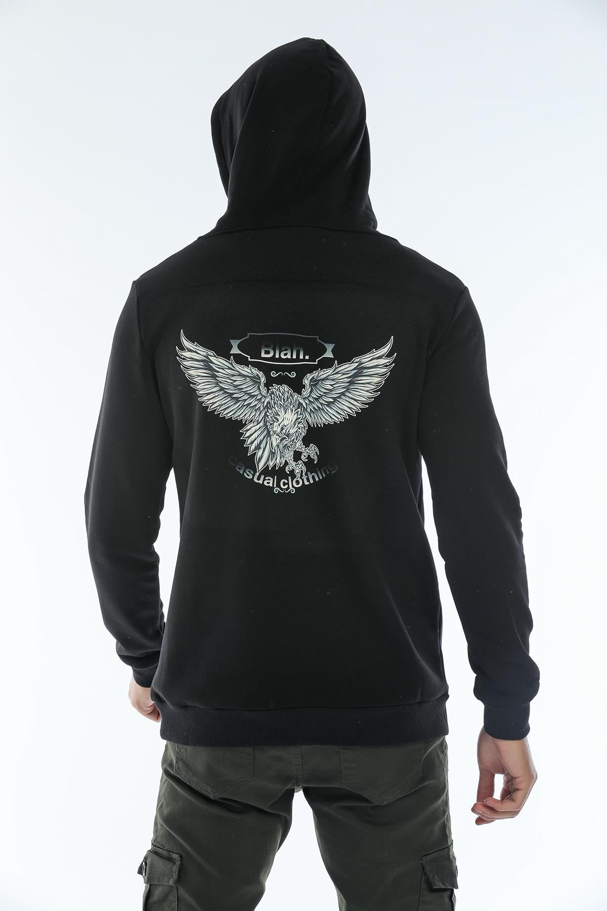 Kapüşonlu Arkası Kartal Baskılı İçi Polarlı Erkek Sweatshirt