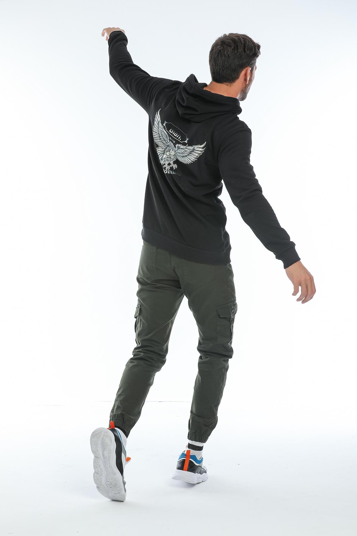 Kapüşonlu Arkası Kartal Baskılı İçi Polarlı Erkek Sweatshirt