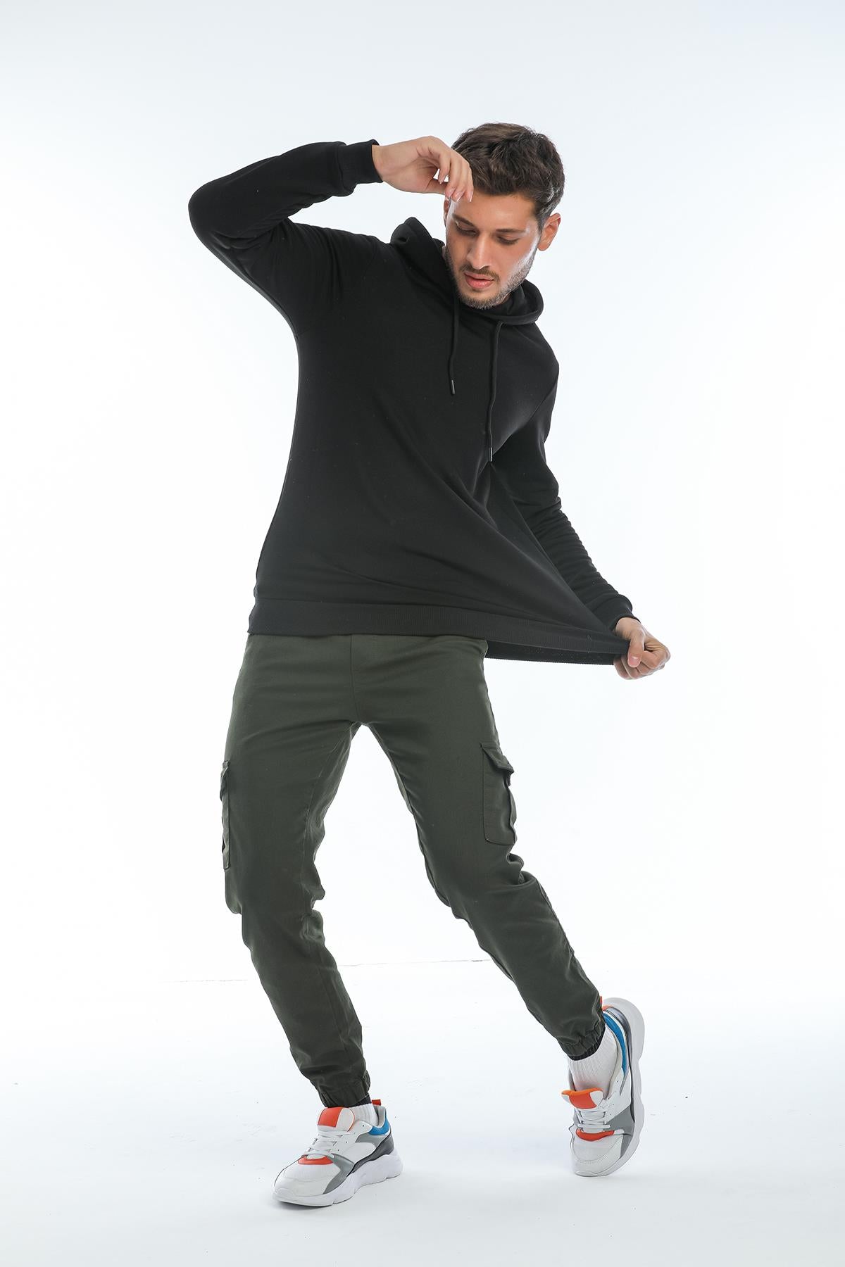 Kapüşonlu Arkası Kartal Baskılı İçi Polarlı Erkek Sweatshirt