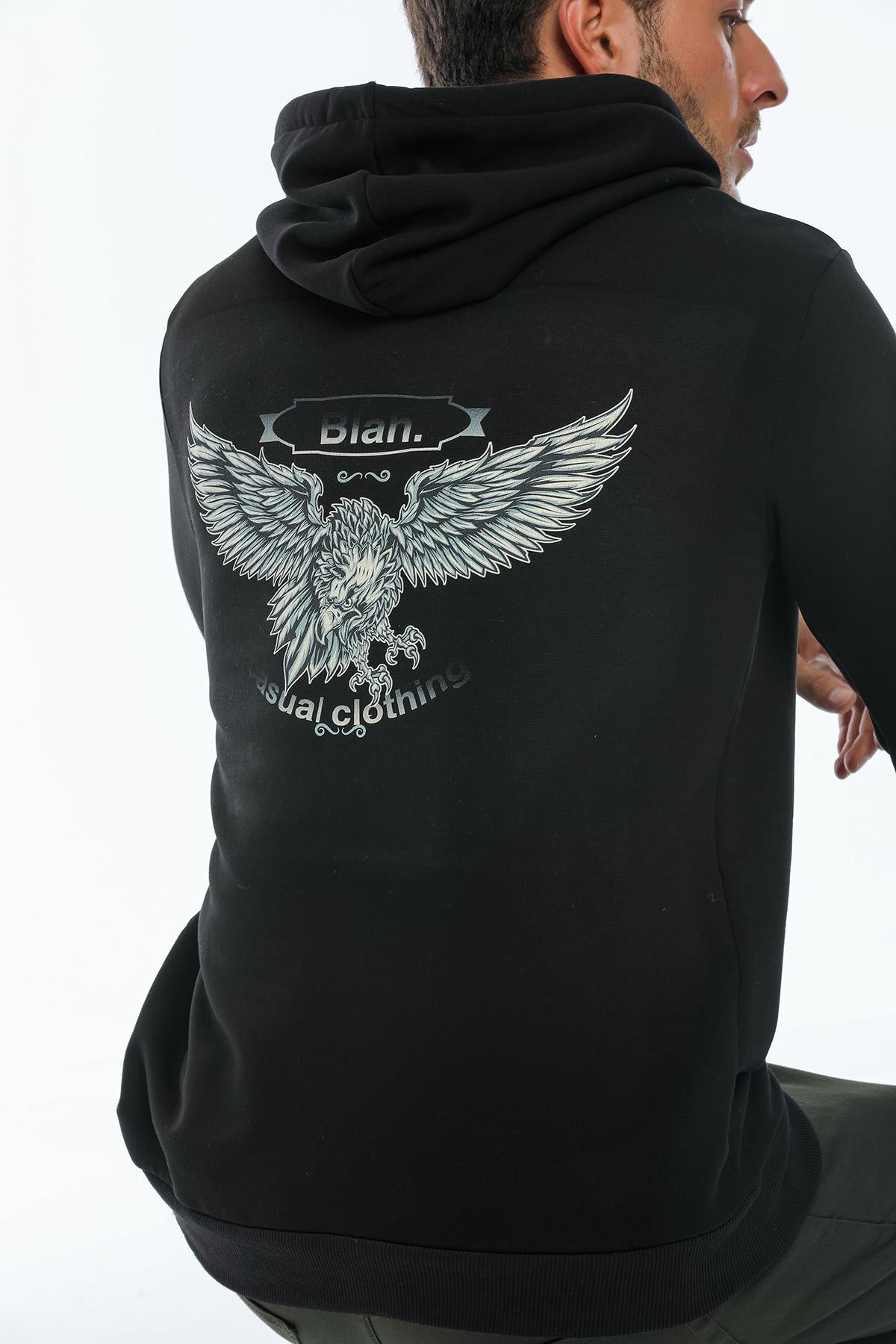 Kapüşonlu Arkası Kartal Baskılı İçi Polarlı Erkek Sweatshirt