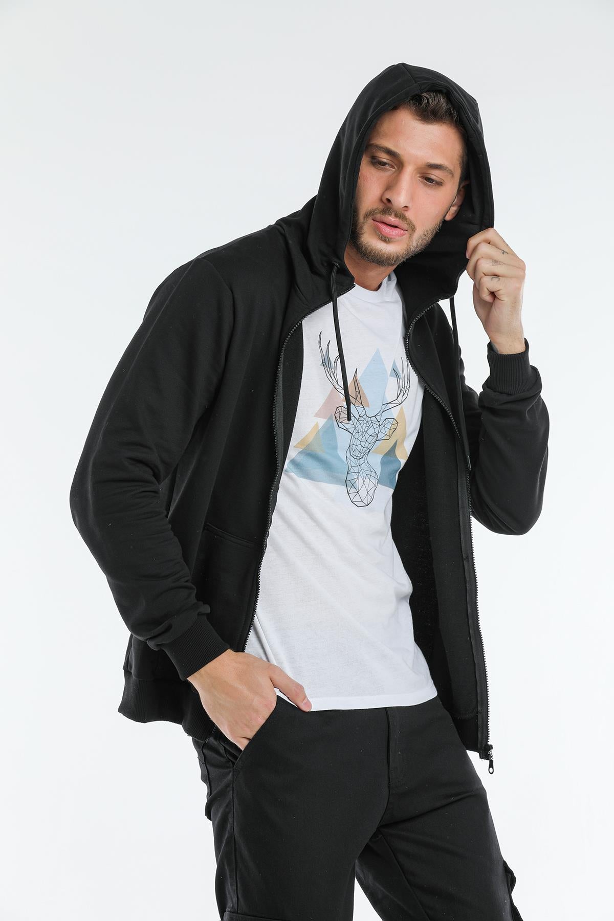 Kapüşonlu Basic Fermuarlı 3 İplik Erkek Siyah Sweatshirt