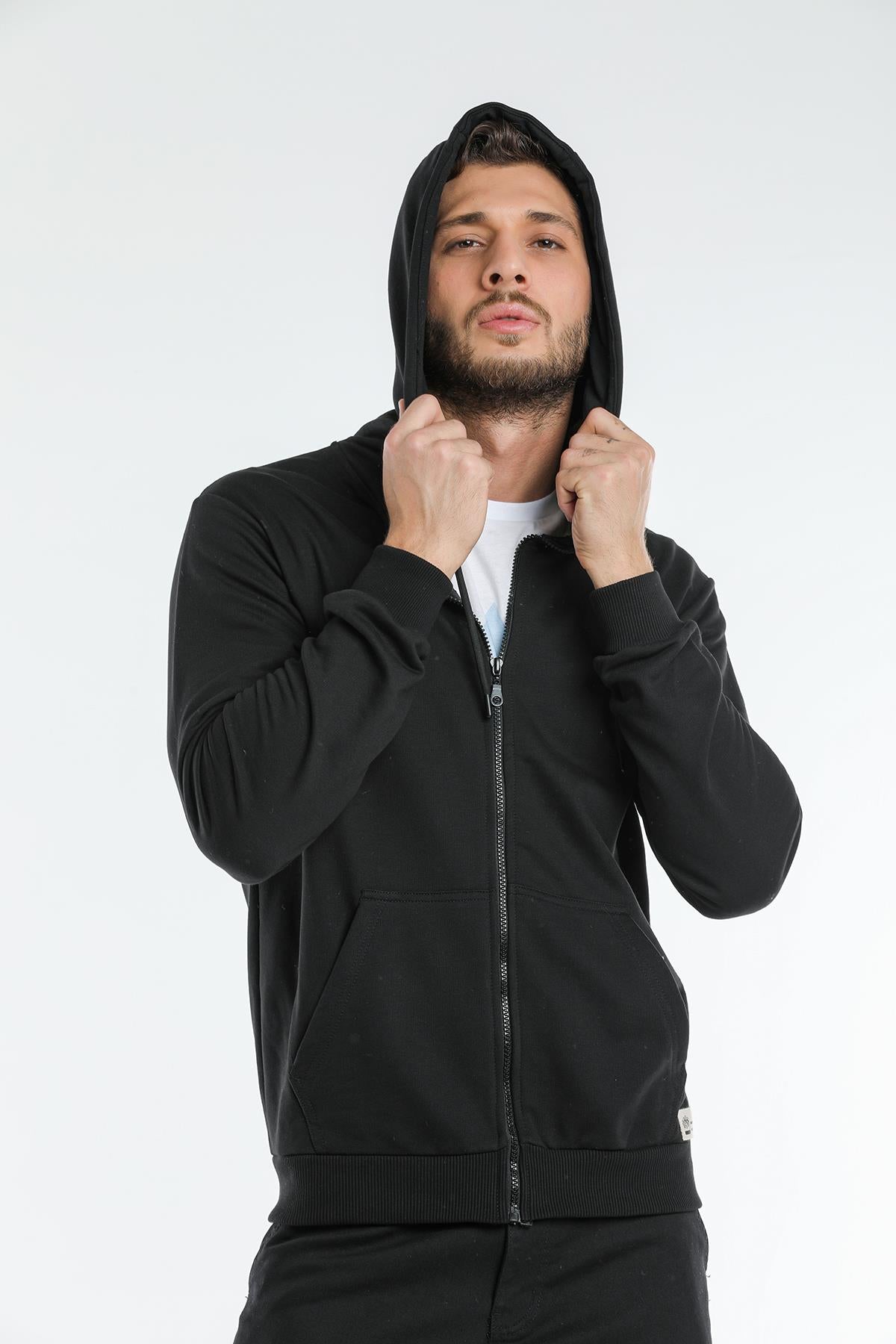 Kapüşonlu Basic Fermuarlı 3 İplik Erkek Siyah Sweatshirt