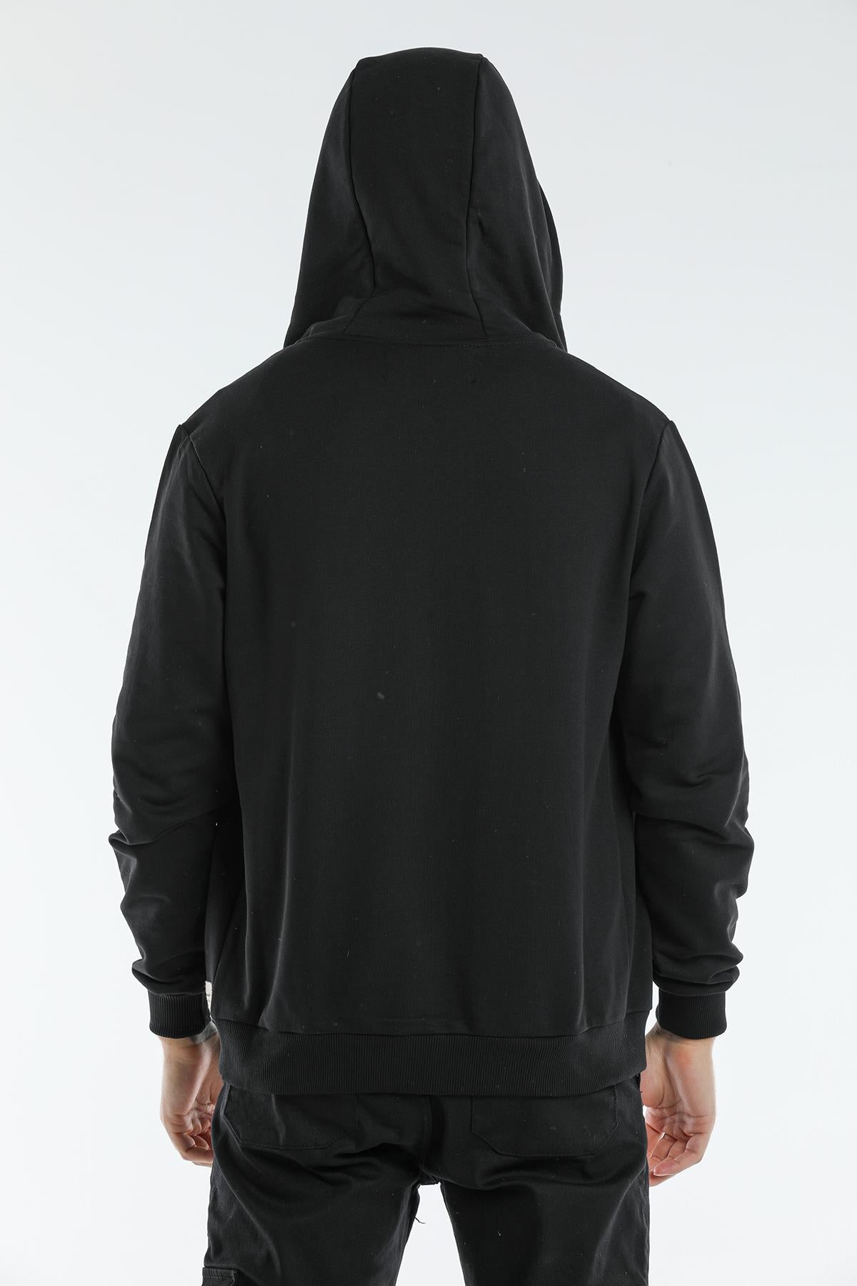 Kapüşonlu Basic Fermuarlı 3 İplik Erkek Siyah Sweatshirt