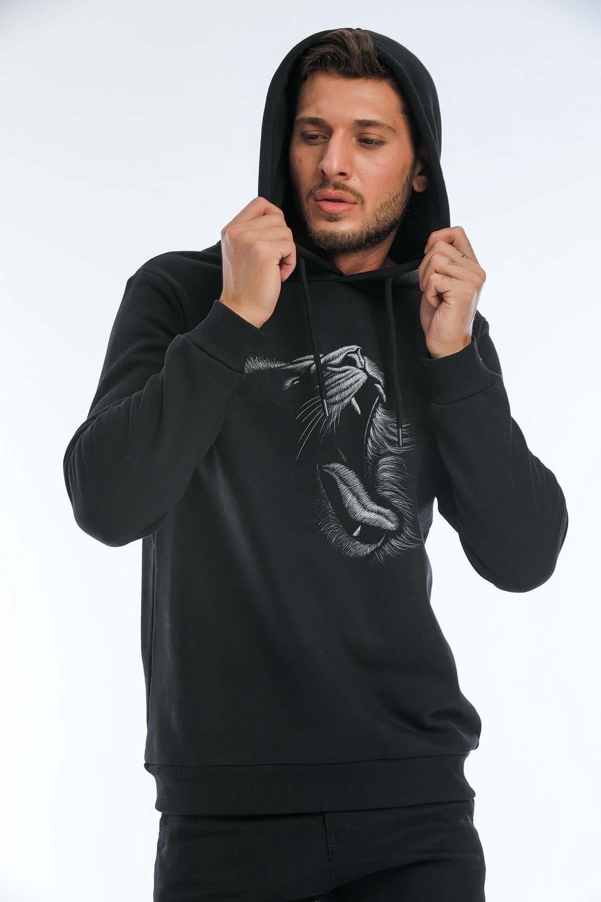 Hooded front lion printed inside polar men's sweatshirt
