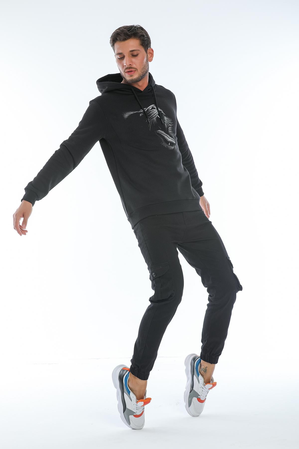 Hooded front lion printed inside polar men's sweatshirt