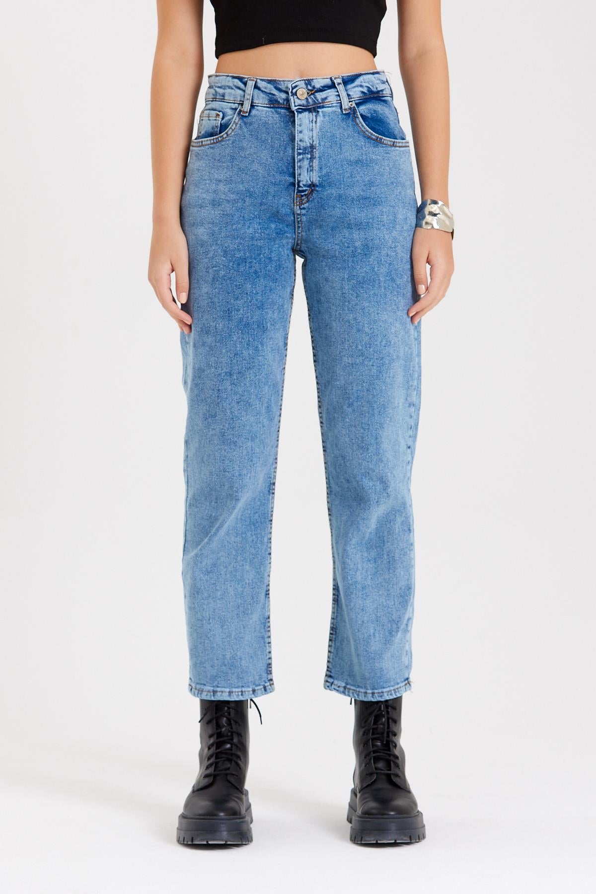 Blue high waist flexible fabric stone washing mom jeans women's pants