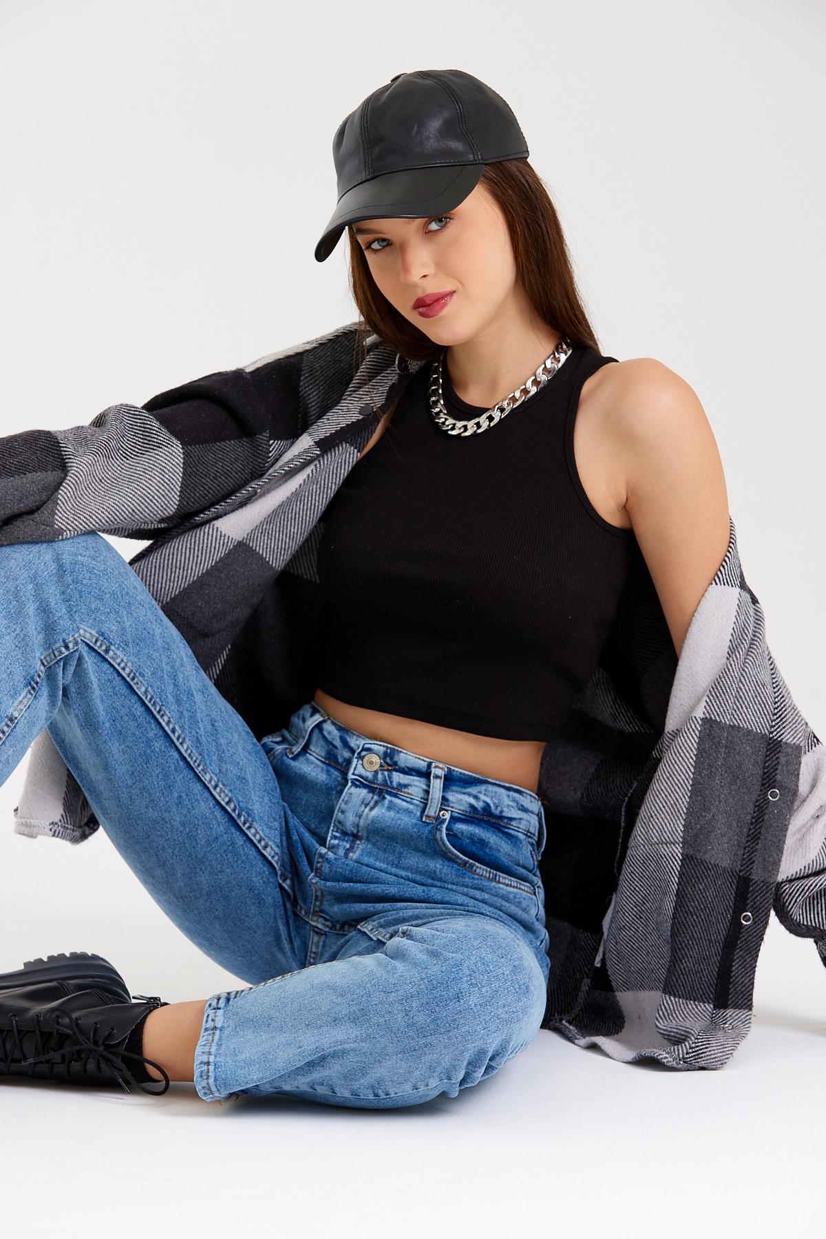 Blue high waist flexible fabric stone washing mom jeans women's pants