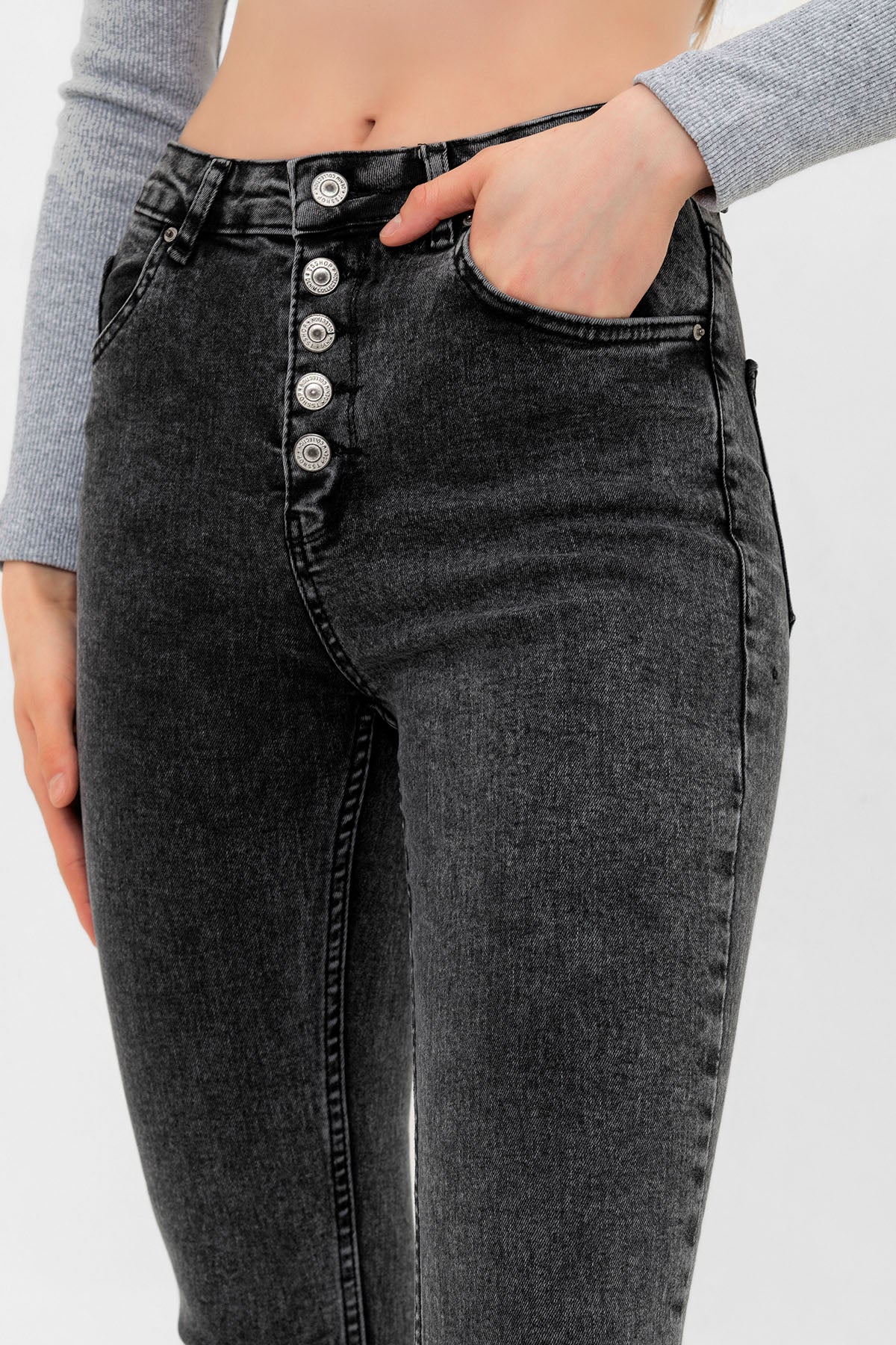 Önden Çok Düğmeli Kot Pantolon Skinny Dar Kalıp DenimKadın Jean