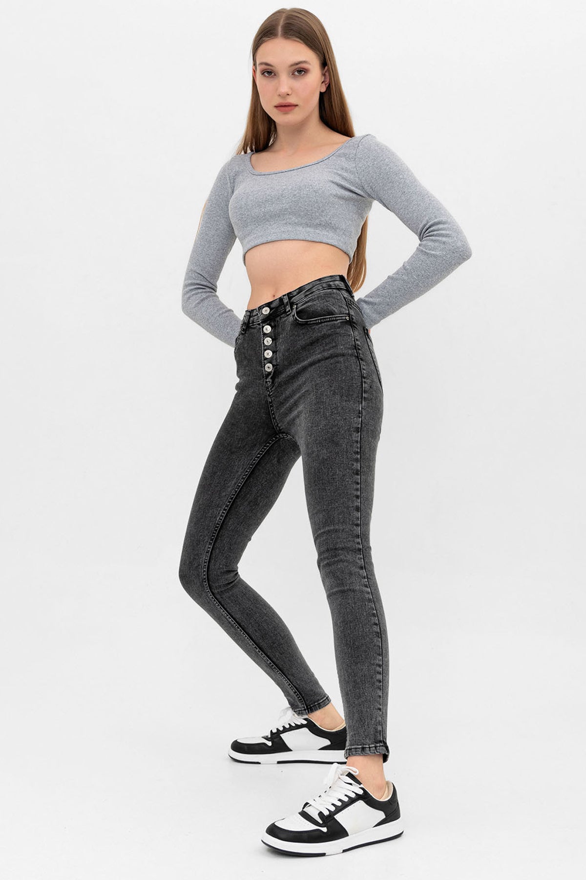 Önden Çok Düğmeli Kot Pantolon Skinny Dar Kalıp DenimKadın Jean