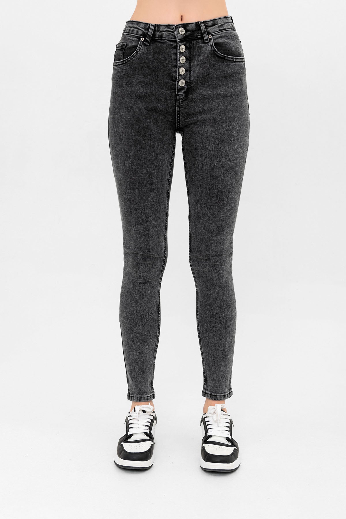 Önden Çok Düğmeli Kot Pantolon Skinny Dar Kalıp DenimKadın Jean