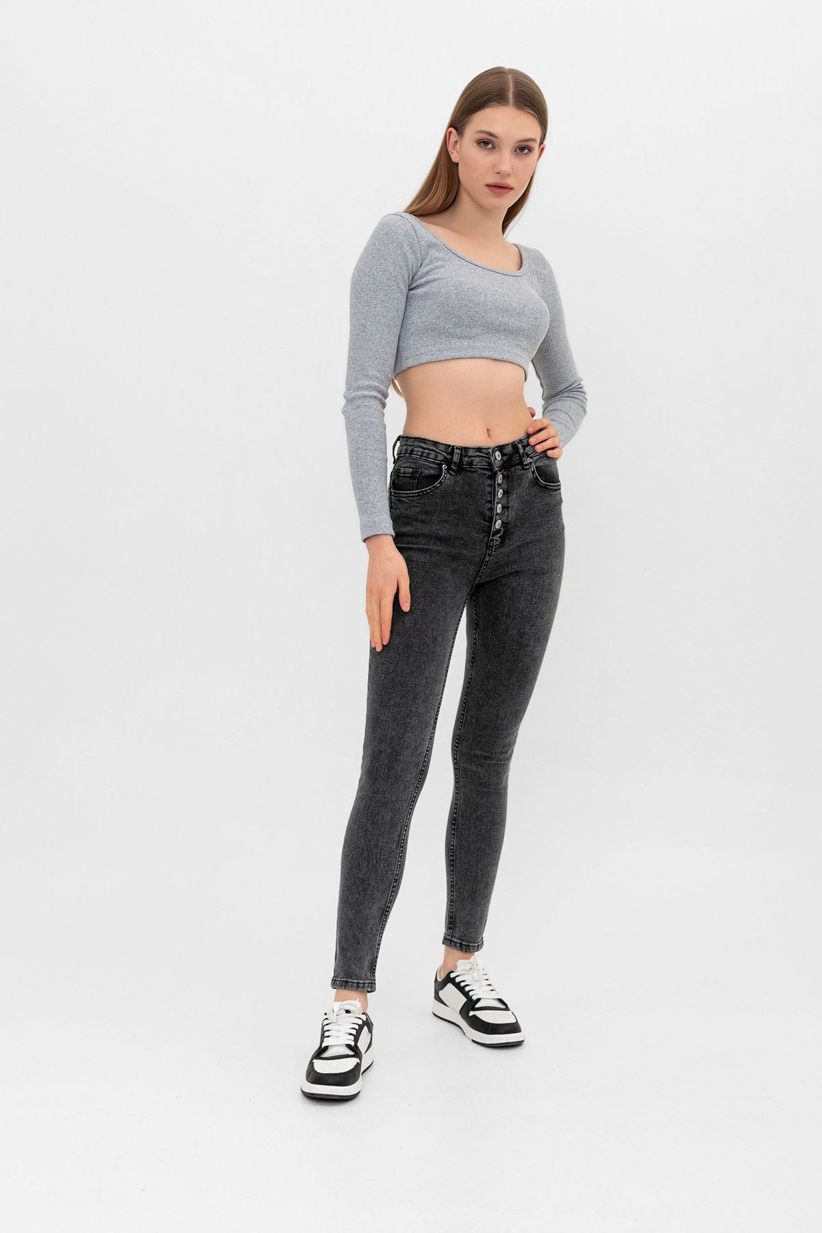 Önden Çok Düğmeli Kot Pantolon Skinny Dar Kalıp DenimKadın Jean