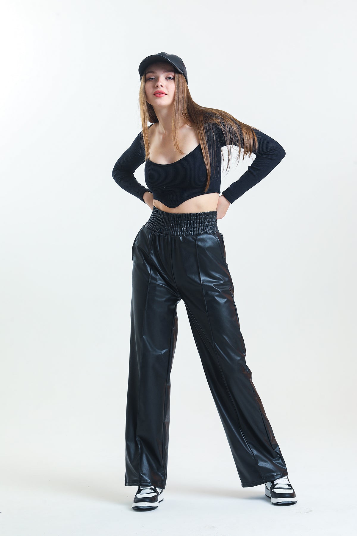 Black Spanish trotter ribbon Ironing track, waist krotea rubber artificial leather women pants