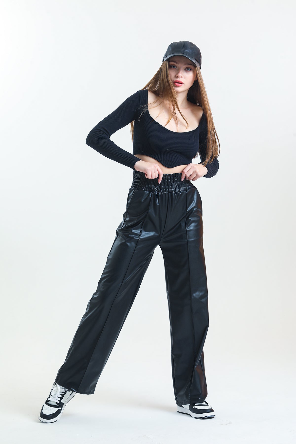 Black Spanish trotter ribbon Ironing track, waist krotea rubber artificial leather women pants
