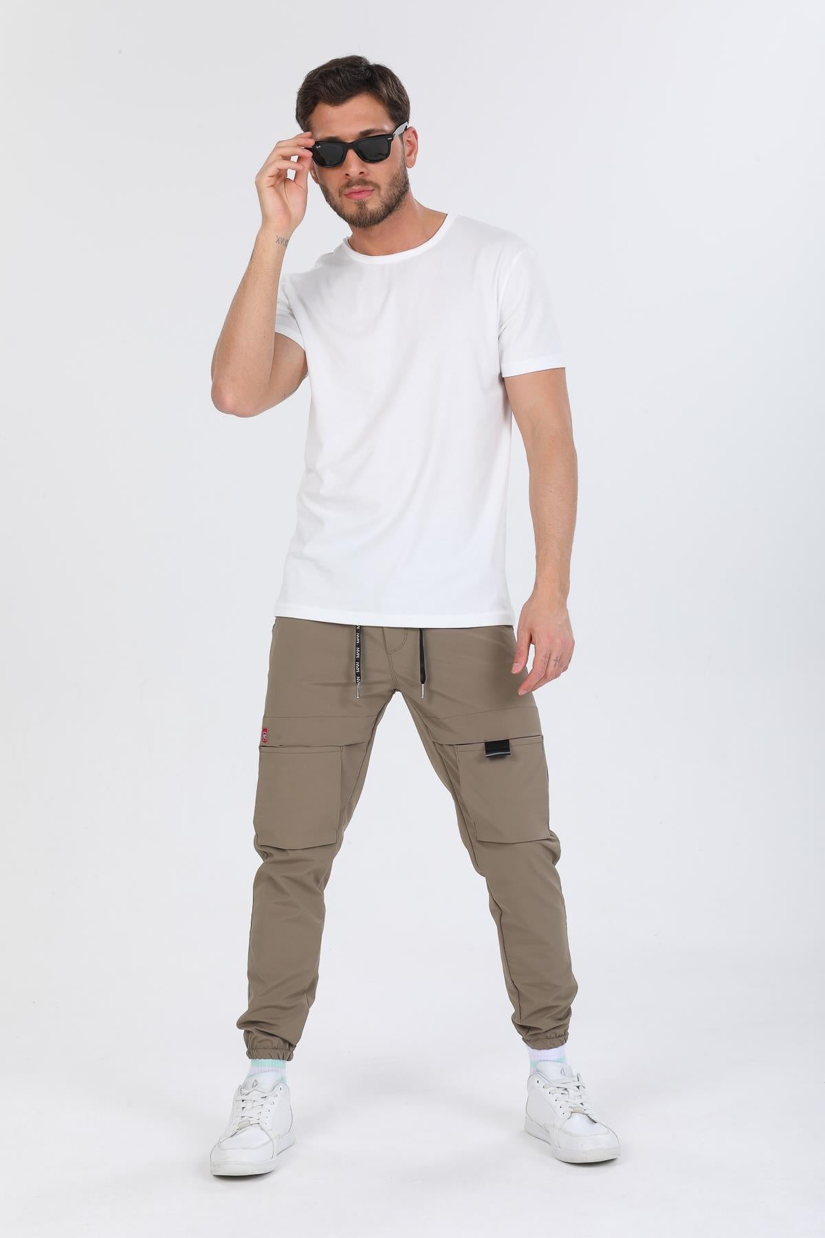 Slim Fit Kargo Cepli Esnek Lamine Kumaş Erkek Pantolon