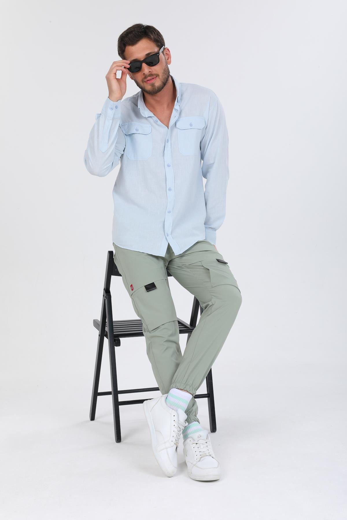 Slim Fit Kargo Cepli Esnek Lamine Kumaş Erkek Pantolon
