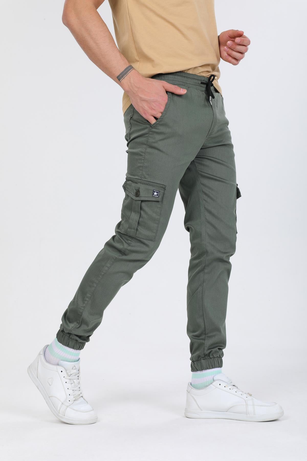 Slim Fit None Denim Side Pocket Luffed Lagging, Paçları Tire Flexible Cargo Men's Pants