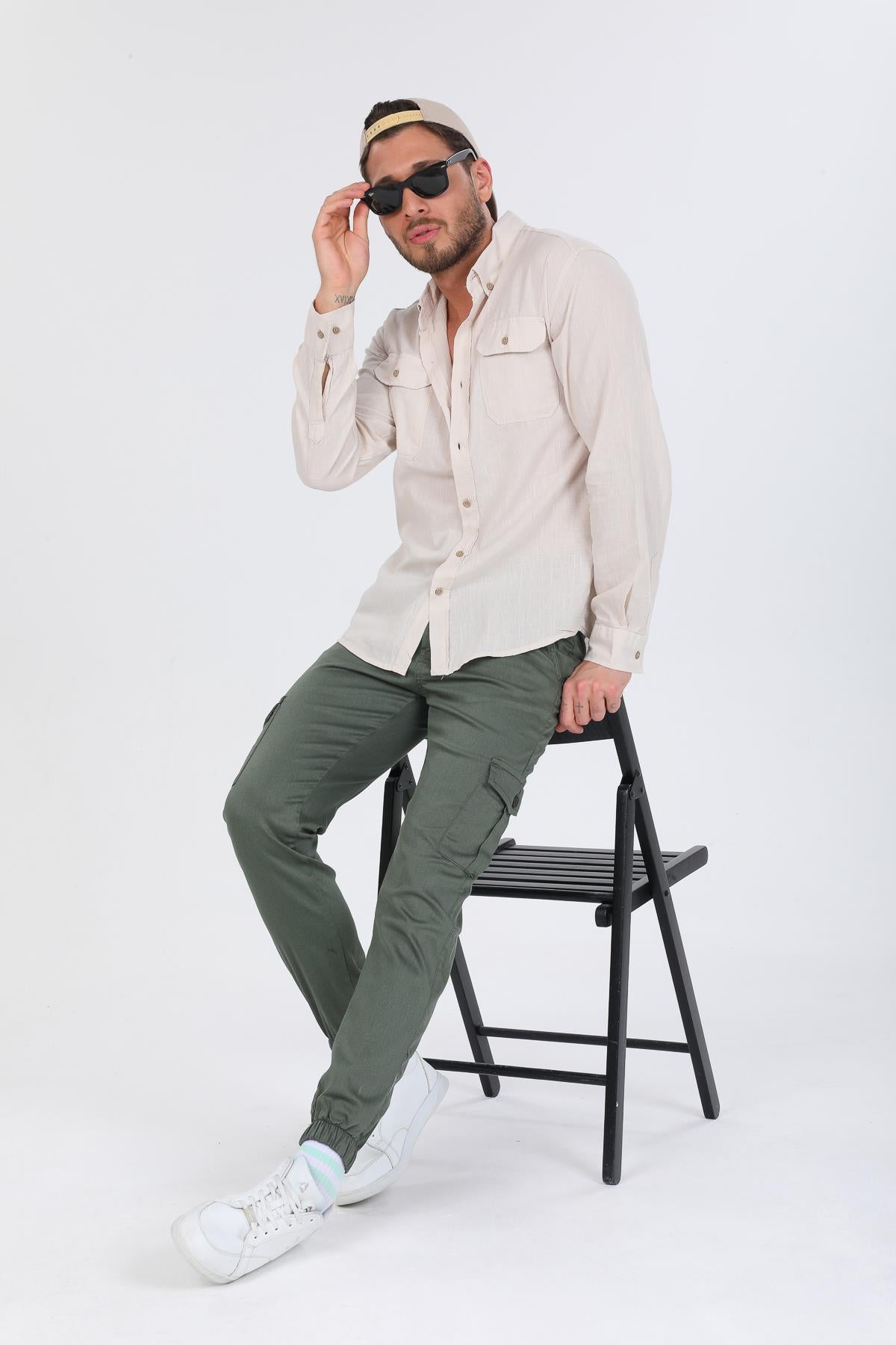 Slim Fit None Denim Side Pocket Luffed Lagging, Paçları Tire Flexible Cargo Men's Pants