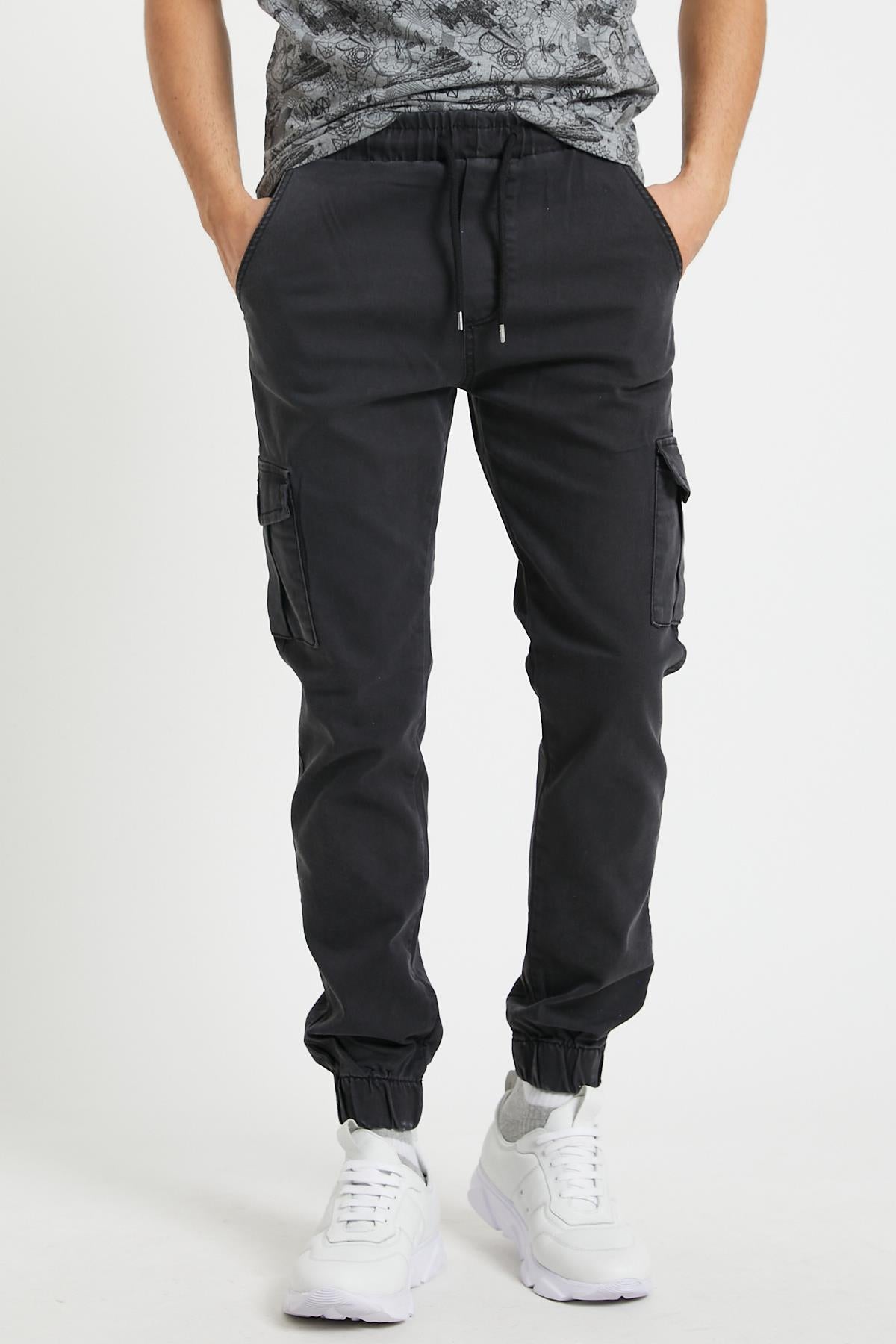 Slim Fit None Denim Side Pocket Luffed Lagging, Paçları Tire Flexible Cargo Men's Pants
