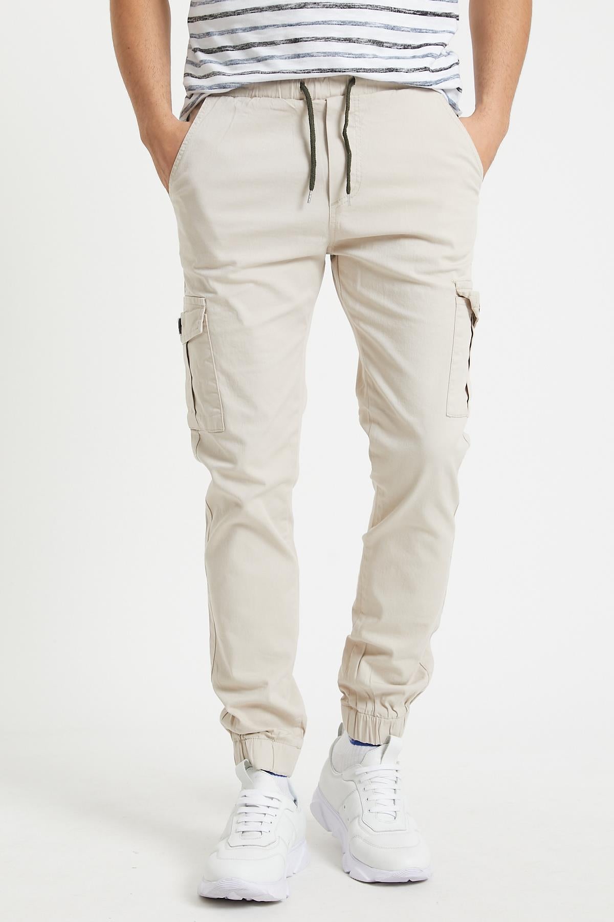 Slim Fit None Denim Side Pocket Luffed Lagging, Paçları Tire Flexible Cargo Men's Pants