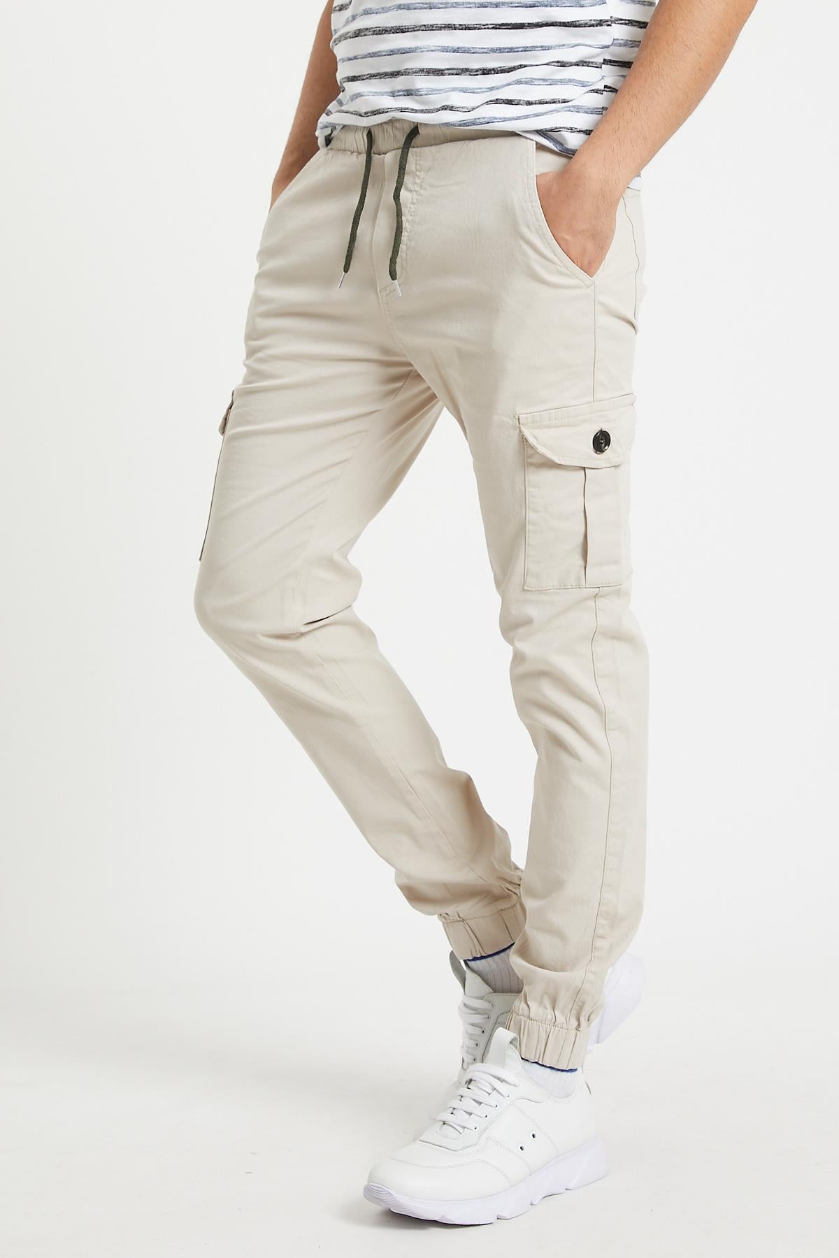Slim Fit None Denim Side Pocket Luffed Lagging, Paçları Tire Flexible Cargo Men's Pants