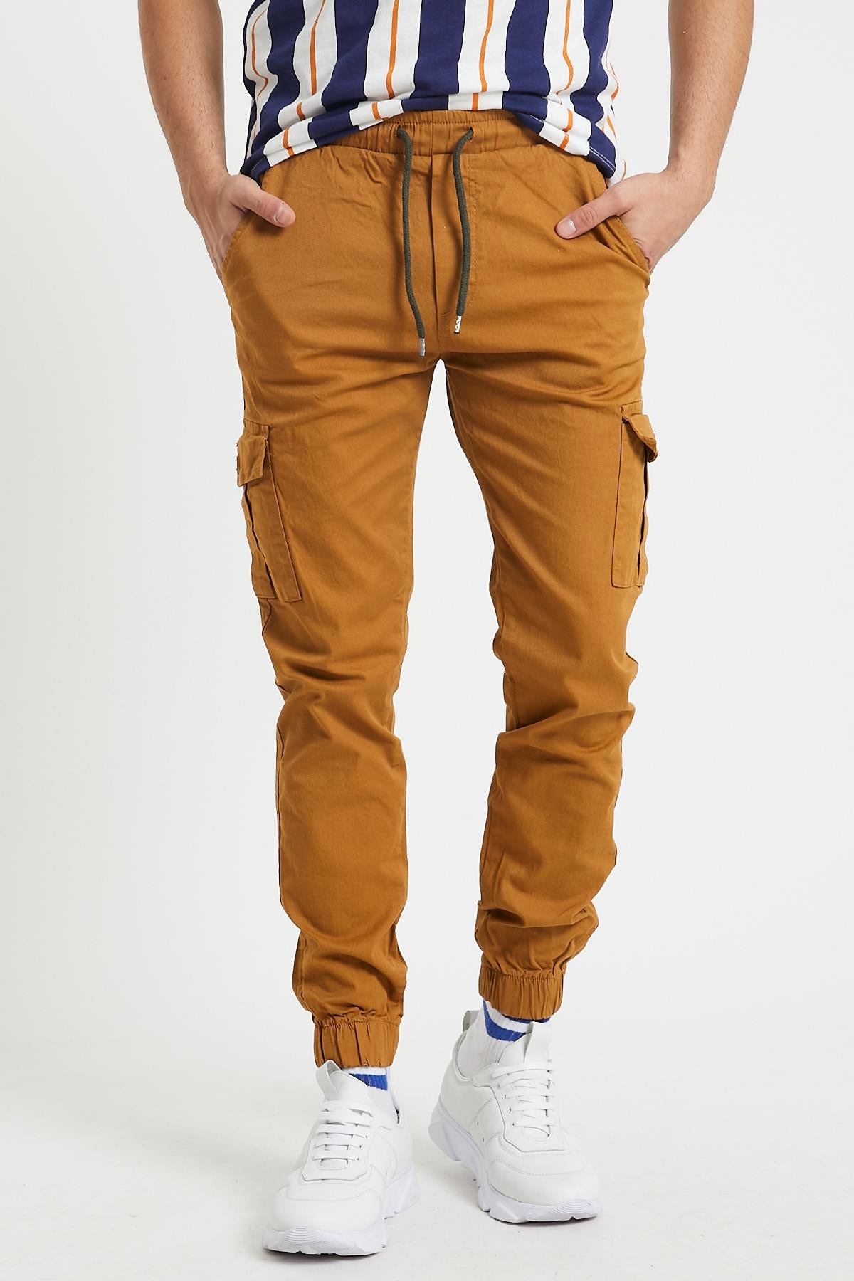 Slim Fit None Denim Side Pocket Luffed Lagging, Paçları Tire Flexible Cargo Men's Pants